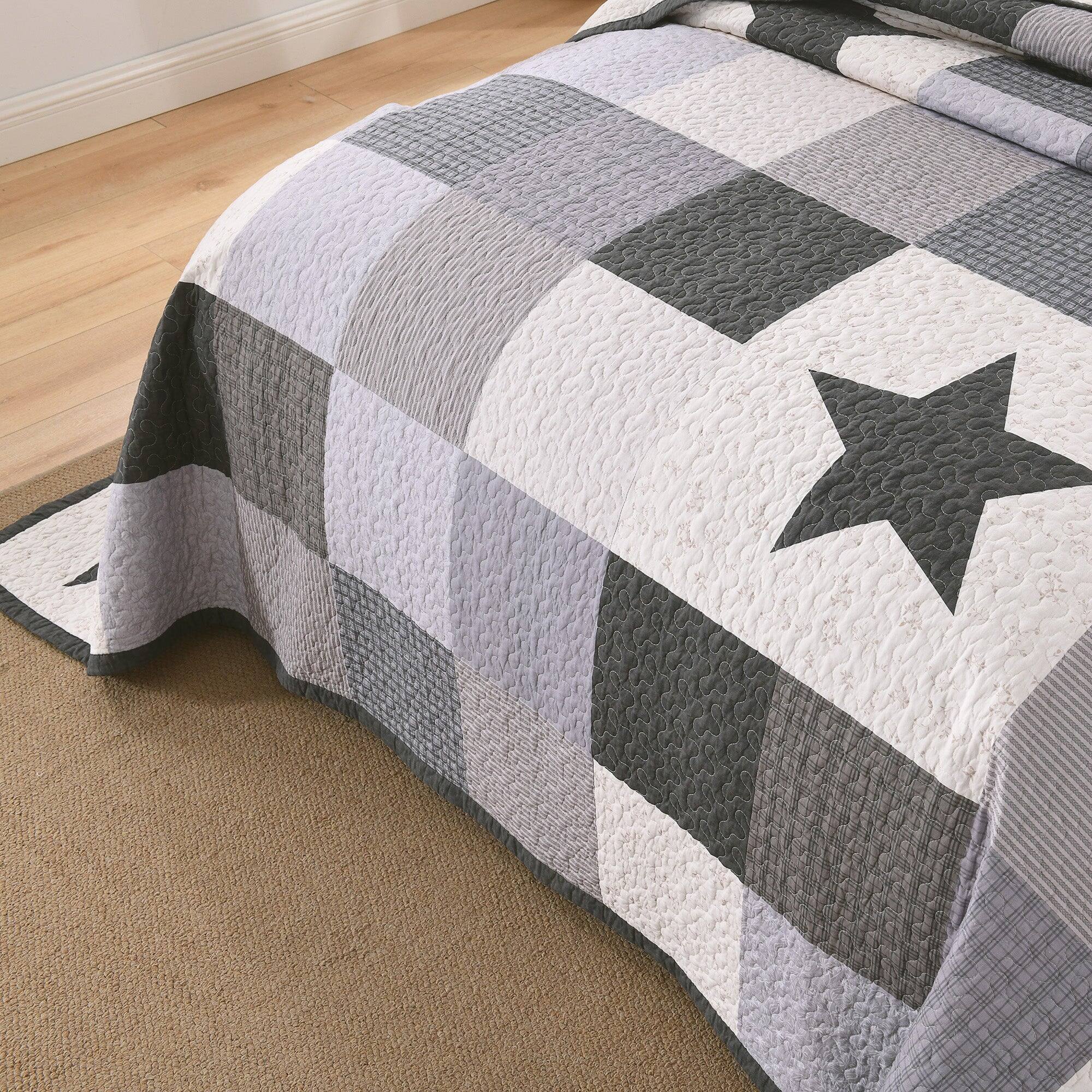 Back. MarCielo - MarCielo 3 Pcs 100% Cotton Modern Star Pattern Checkered Quilt Bedspread Set - Gray.