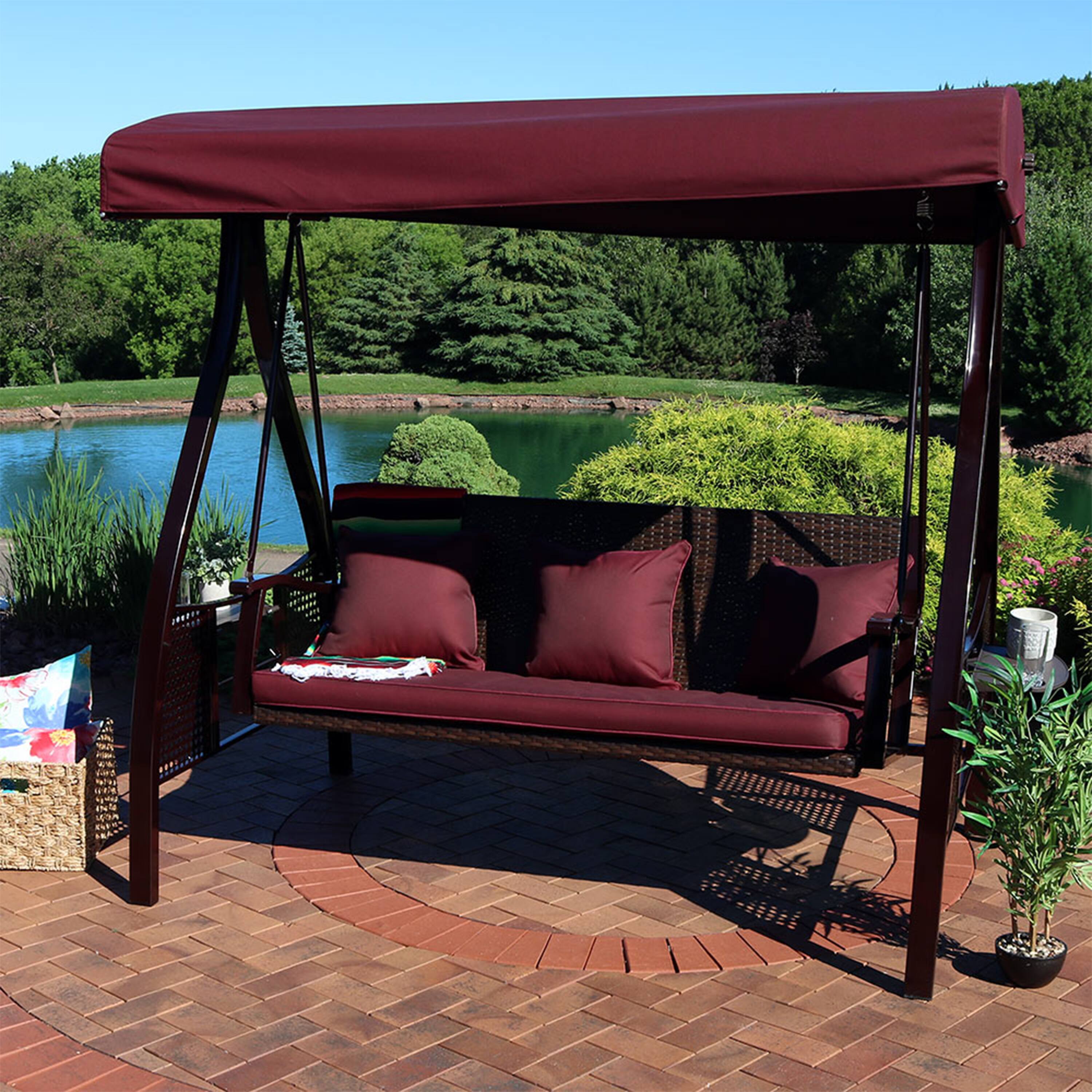 Alt View 4. Sunnydaze - 3-Person Steel Patio Swing Bench with Side Tables/Canopy - Maroon/Brown Frame.