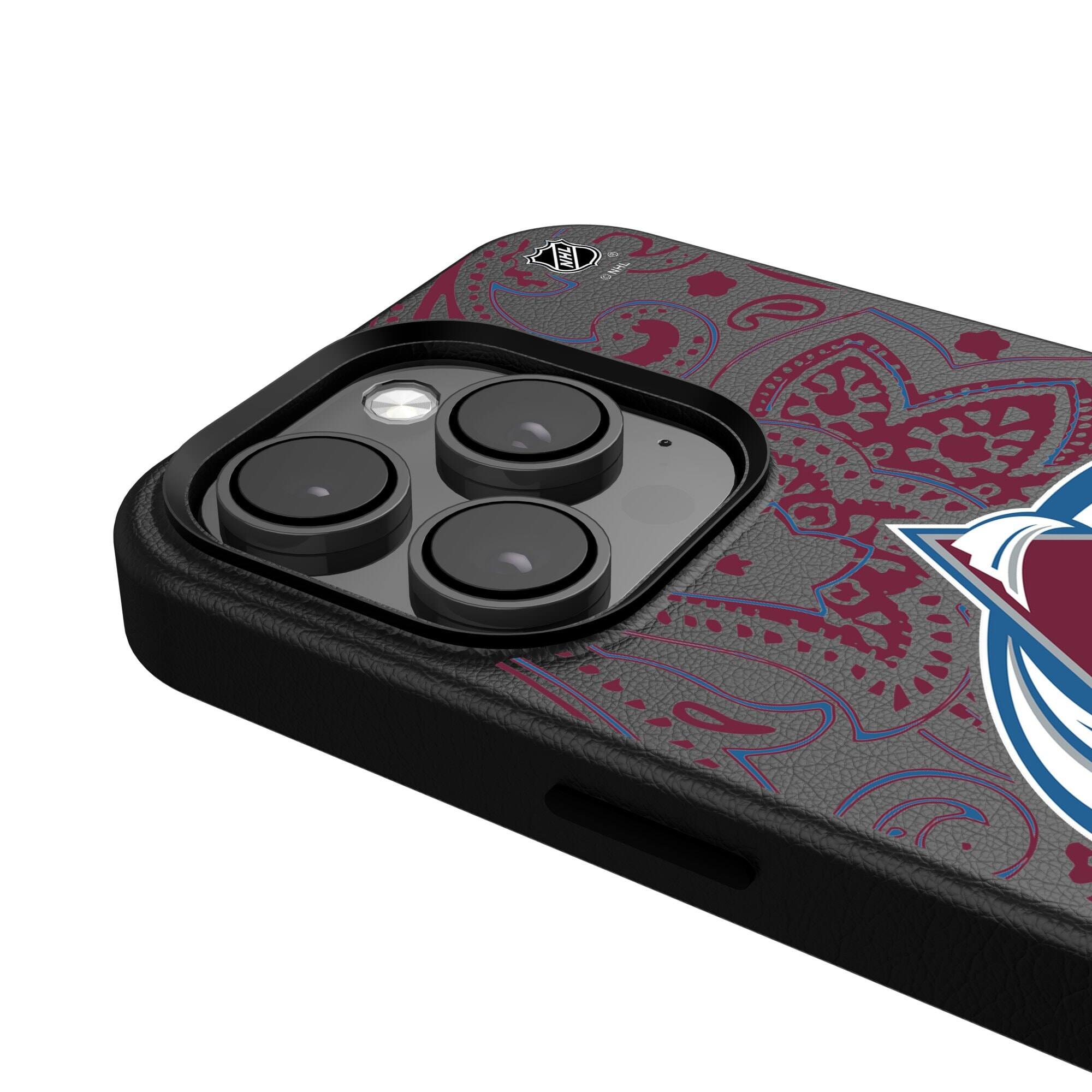 Alt View 3. Keyscaper - Black Colorado Avalanche Paisley iPhone Magnetic Bump Case - 15 Plus - Black.