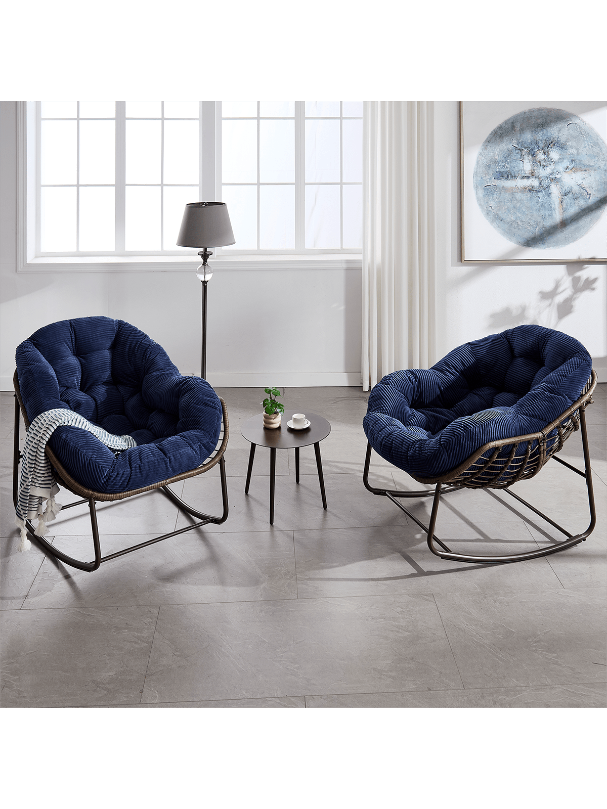 Trinkets Crazed - Outdoor Indoor Rocking Chair Set Of 2, Oversized Patio Papasan Rocking Egg Chair With Padded Cushion - Navy Blue