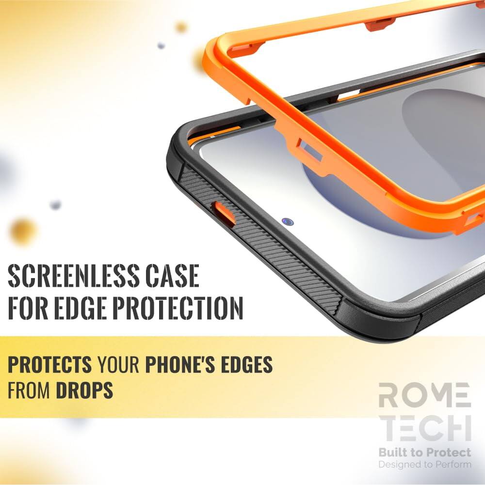 SCREENLESS CASE FOR EDGE PROTECTION  
PROTECTS YOUR PHONE'S EDGES FROM DROPS  

ROME TECH  
Built to Protect  
Designed to Perform
