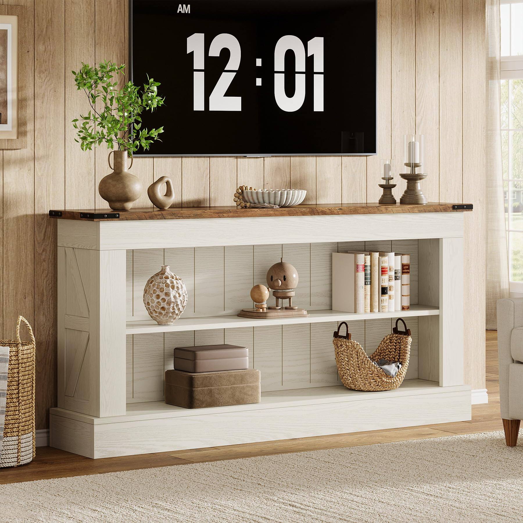 Tribesigns - 63-Inch Farmhouse TV Stand with 2 Open Storage Shelves and Reinforced Base for 50-70 Inch TVs - White and Brown