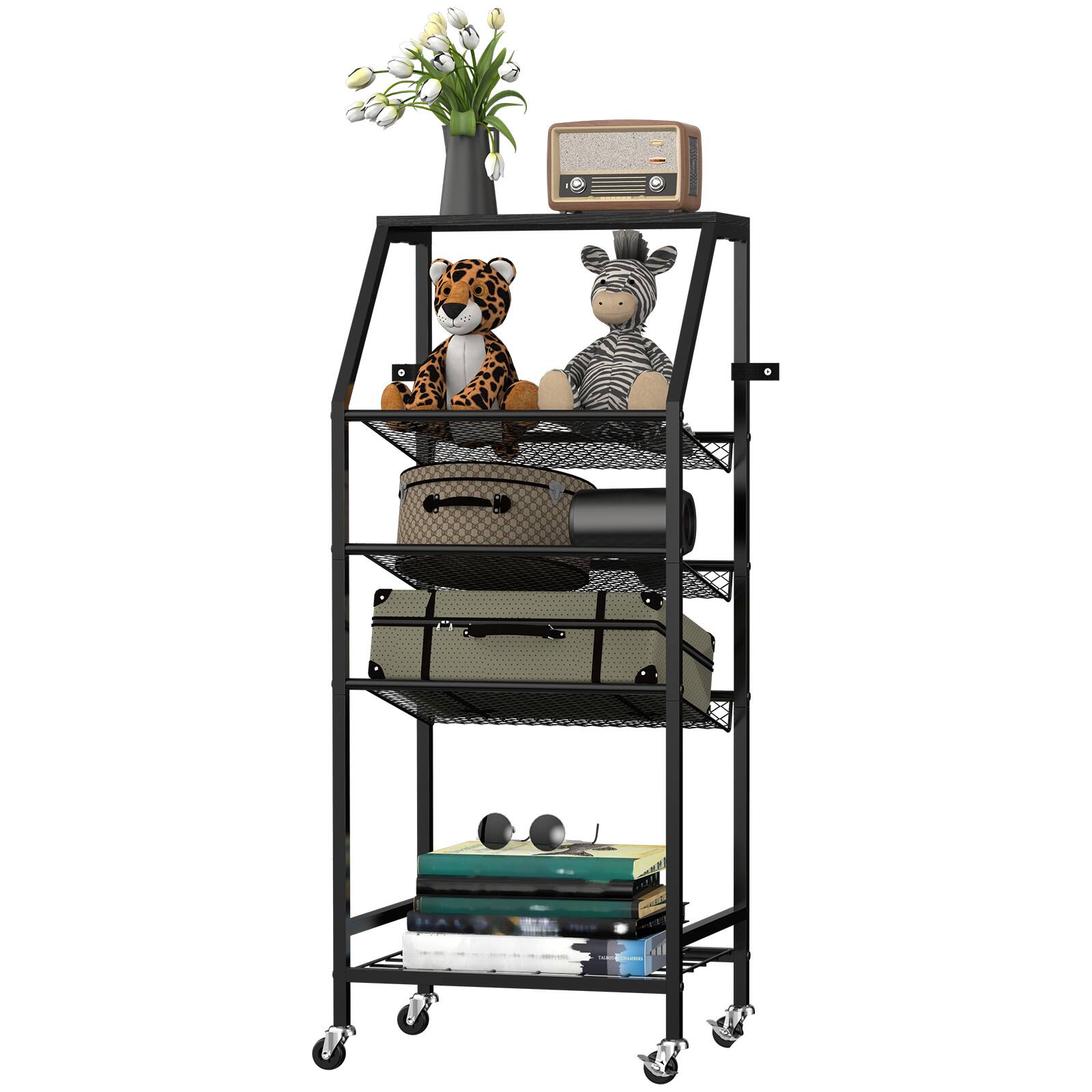 Alt View 1. Oumilen - 5-Tier Rolling Bathroom Storage Cart with Black Metal Frame and Wood Top - Black.