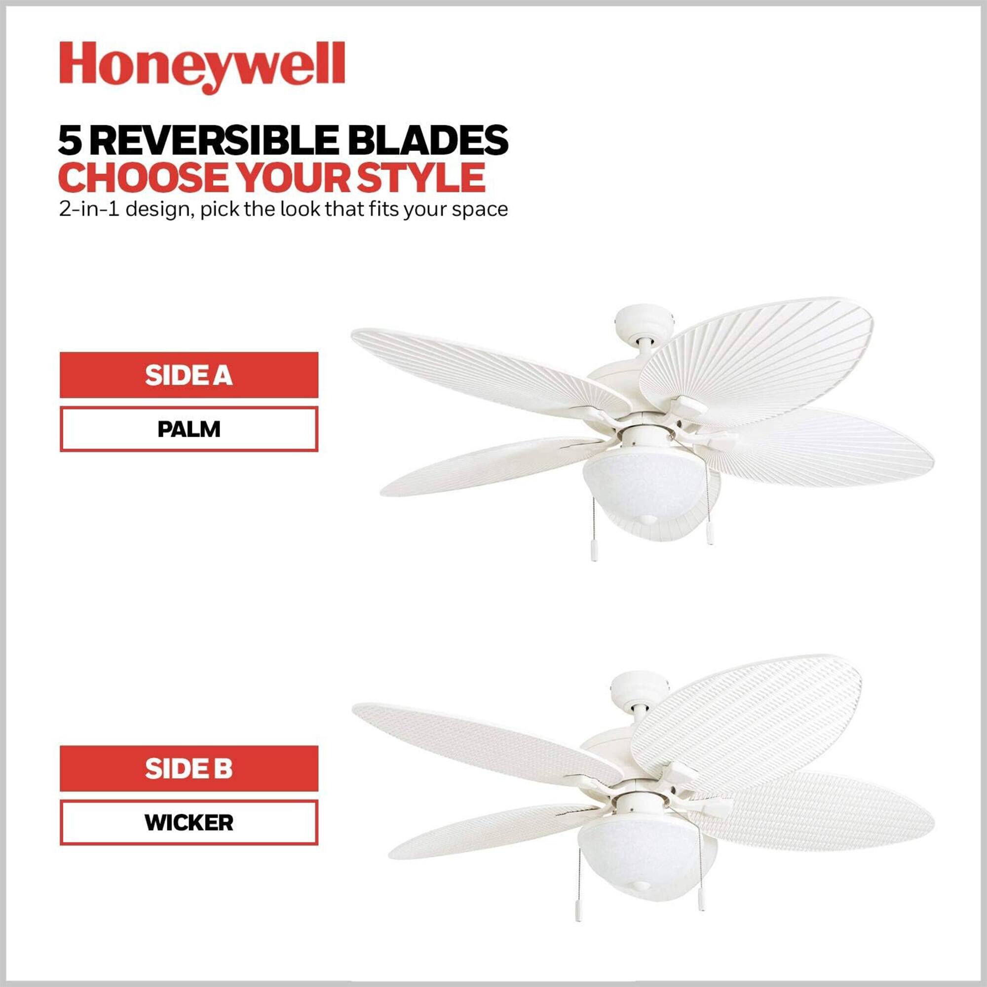 Honeywell  
5 REVERSIBLE BLADES  
CHOOSE YOUR STYLE  
2-in-1 design, pick the look that fits your space  

SIDE A  
PALM  

SIDE B  
WICKER