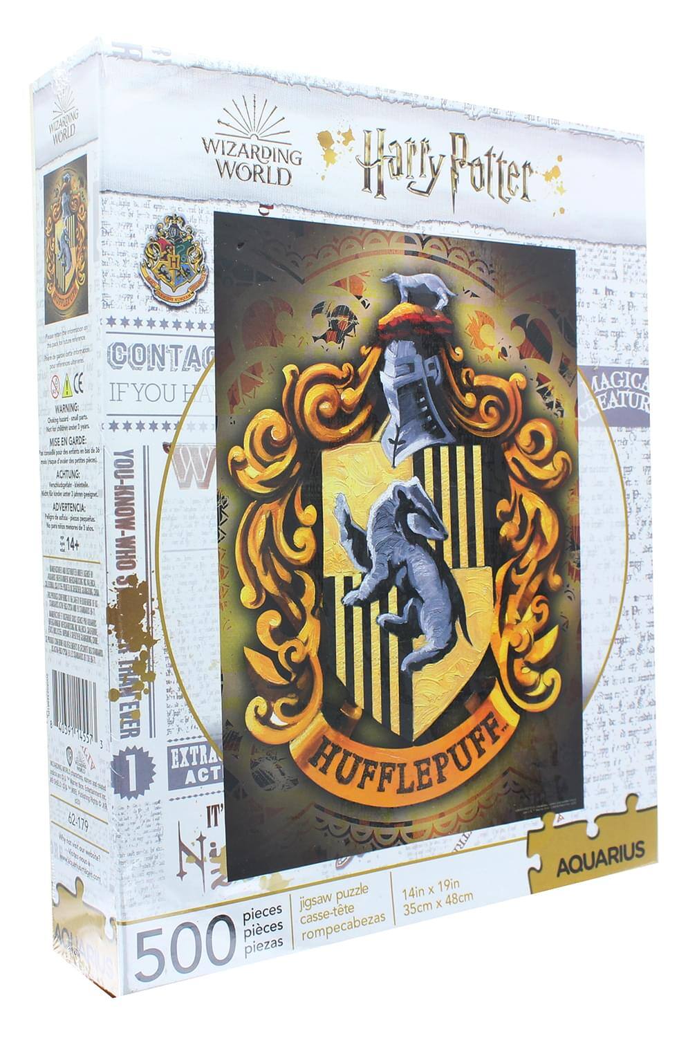 Sure, here is the corrected and grouped text from the image:

---

**Harry Potter**  
**Wizarding World**

**Hufflepuff**

**AQUARIUS**

**500 pieces**  
**jigsaw puzzle**  
**casse-tête**  
**rompecabezas**

**14in x 19in**  
**35cm x 48cm**

**EXTRA ACT**

**WARNING:**  
**MISE EN GARDE:**  
**ADVERTENCIA:**  
**ACHTUNG:**  
**AVERTISSEMENT:**  
**AVISO:**  
**ADVERTENCIA:**  
**AVERTISSEMENT:**  
**AVERTISSEMENT:**  
**AVERTISSEMENT:**  
**AVERTISSEMENT:**  
**AVERTISSEMENT:**  
**AVERTISSEMENT:**  
**AVERTISSEMENT:**  
**AVERTISSEMENT:**  
**AVERTISSEMENT:**  
**AVERTISSEMENT:**  
**AVERTISSEMENT:**  
**AVERTISSEMENT:**  
**AVERTISSEMENT:**  
**AVERTISSEMENT:**  
**AVERTISSEMENT:**  
**AVERT