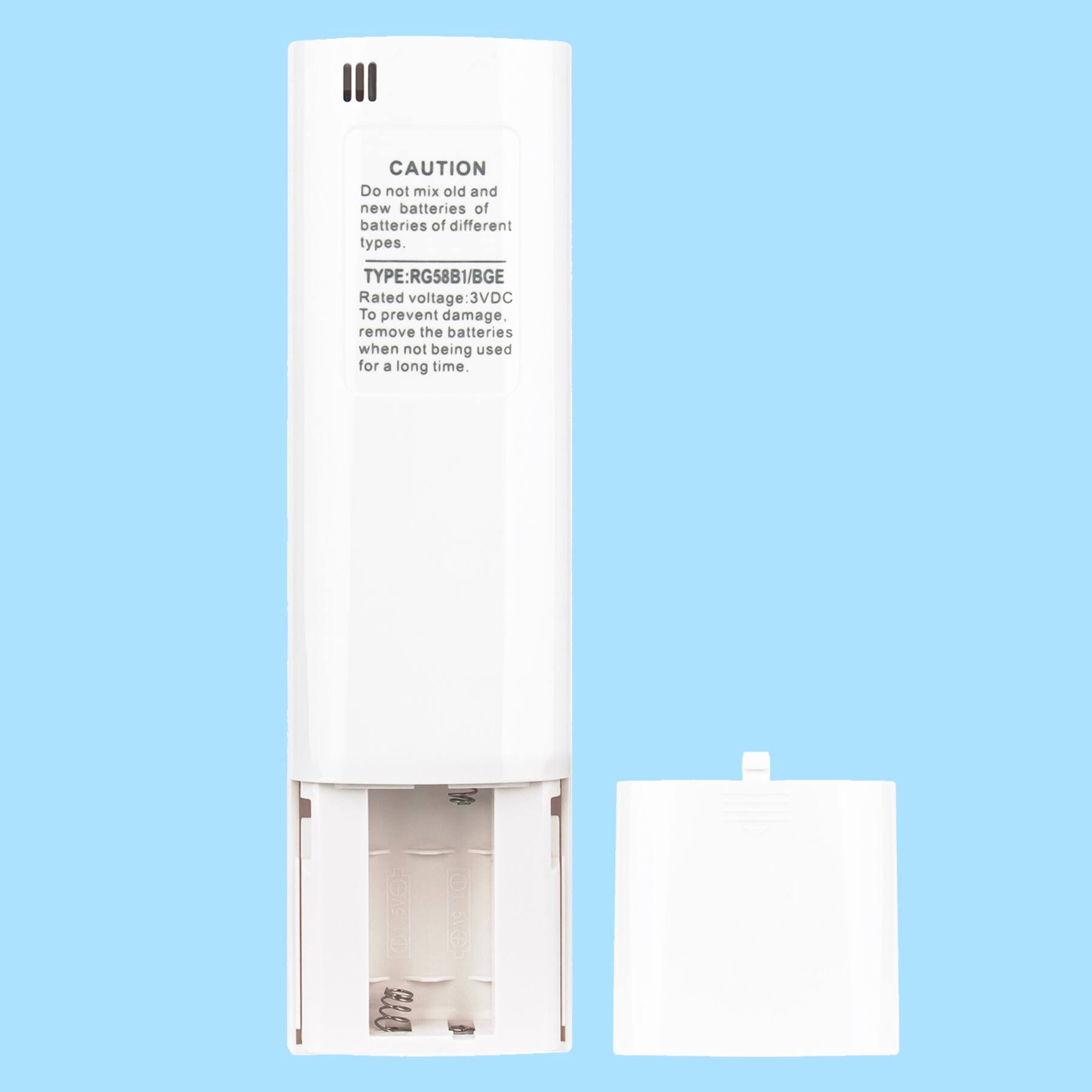 CAUTION  
Do not mix old and new batteries or batteries of different types.  

TYPE: RG58B1/BGE  
Rated voltage: 3VDC  

To prevent damage, remove the batteries when not being used for a long time.