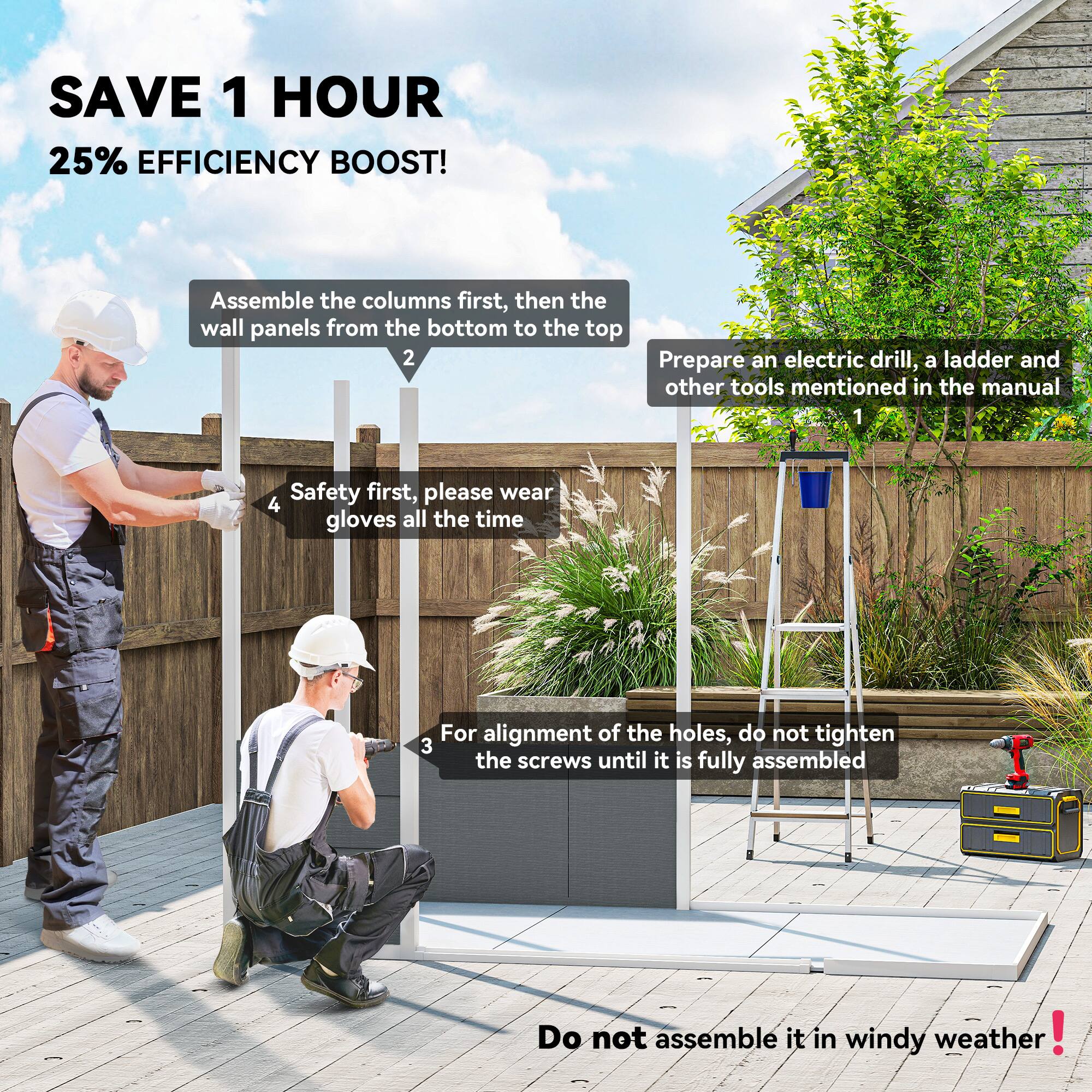 SAVE 1 HOUR  
25% EFFICIENCY BOOST!

1. Prepare an electric drill, a ladder, and other tools mentioned in the manual.
2. Assemble the columns first, then the wall panels from the bottom to the top.
3. For alignment of the holes, do not tighten the screws until it is fully assembled.
4. Safety first, please wear gloves all the time.
5. Do not assemble it in windy weather!