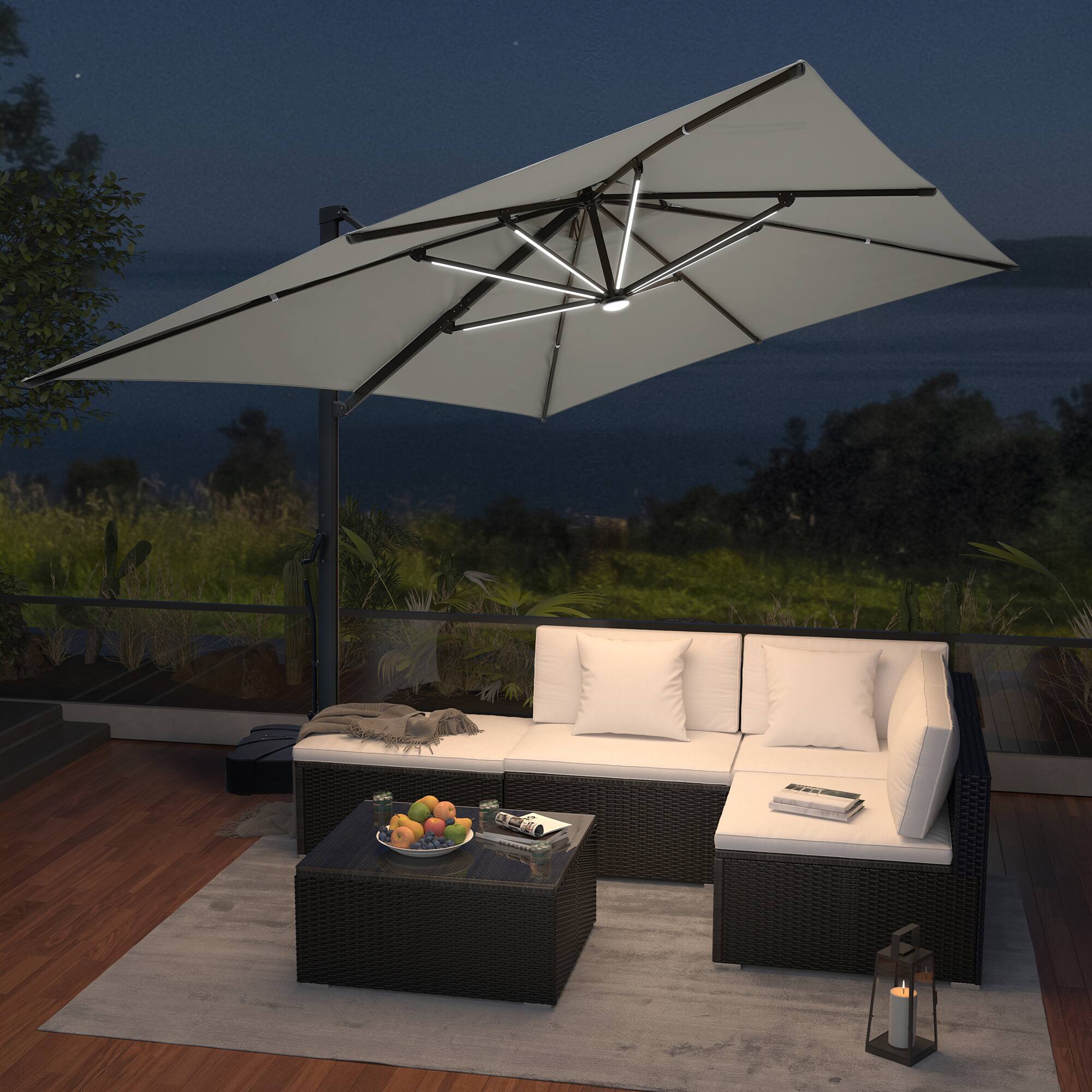 Mondawe - 10*13ft Patio Cantilever Umbrella Double Top with Detachable LED Light Strip and Base - Gray