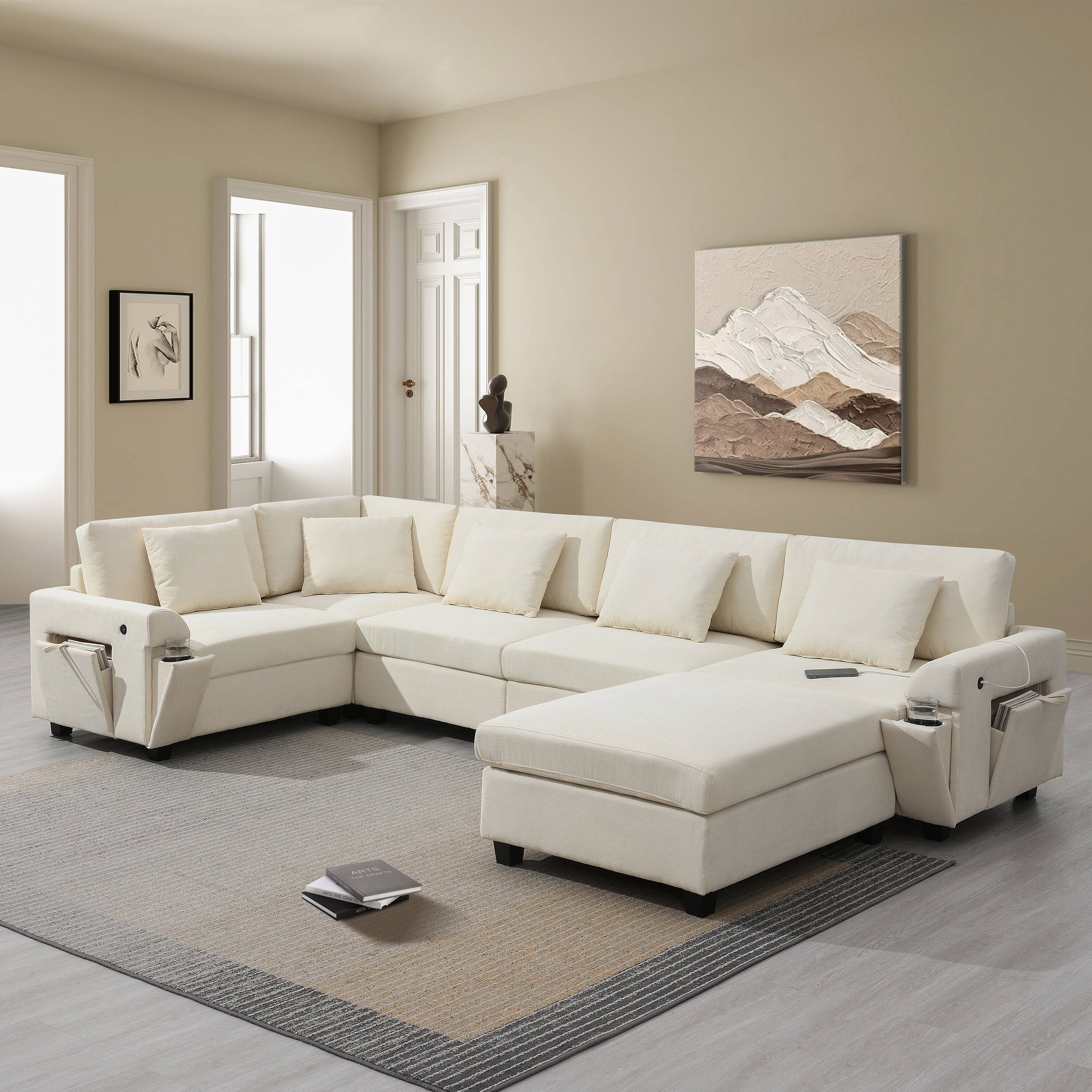 Boyel Living - 6 Seat Off White Chenille U Shaped Modular Sofa with Hidden Armrest Storage USB Charger - Off White