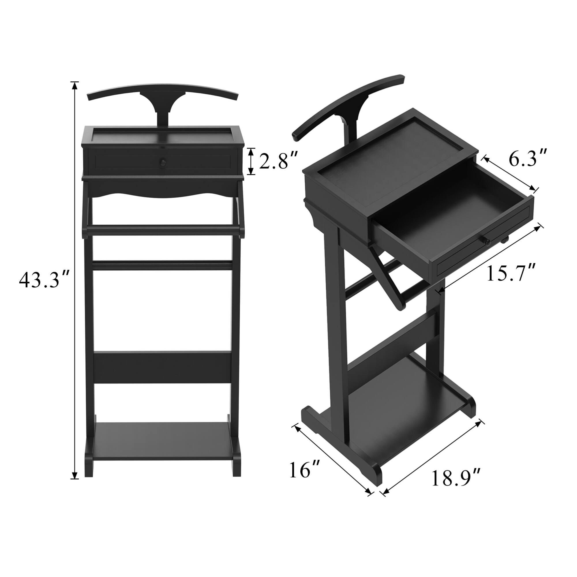 Sure, here is the corrected and grouped text from the image:

- Height: 43.3"
- Width: 18.9"
- Depth: 16"
- Drawer Height: 15.7"
- Drawer Width: 6.3"
- Handle Height: 2.8"