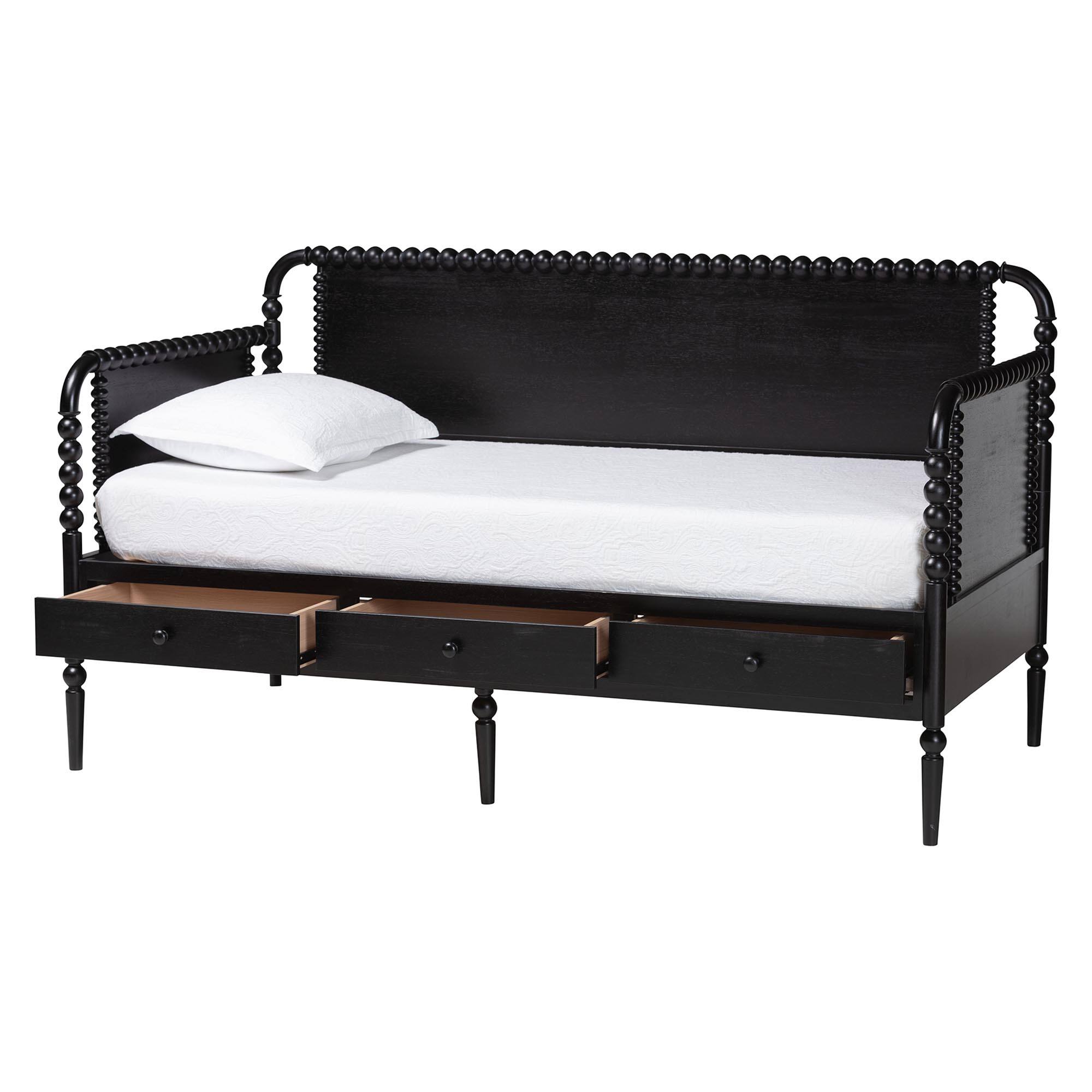 Angle. Baxton Studio - Lucera 3-Drawer Daybed with Bobbin Frame, Full - Black.