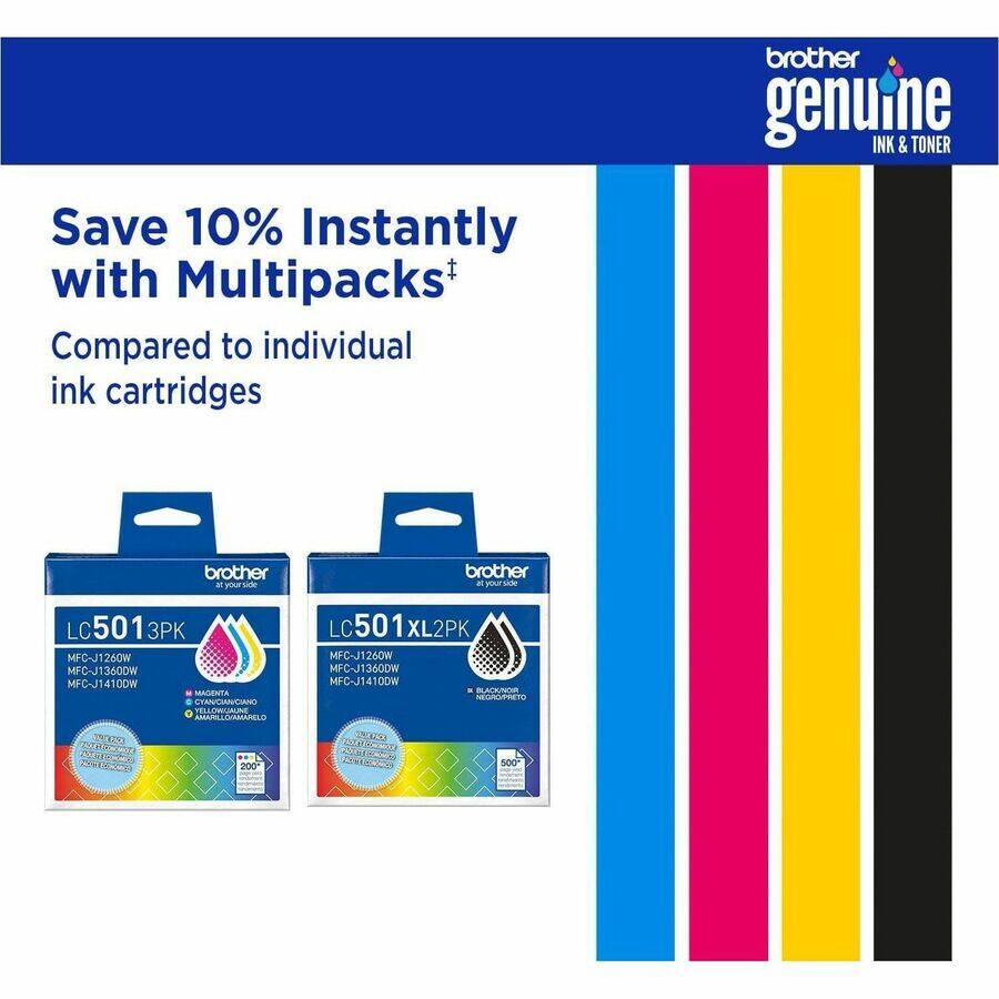 Save 10% Instantly with Multipacks+ Compared to individual ink cartridges

brother genuine INK & TONER

at your side

LC501 3PK MFC-J1260W MFC-J1360DW MFC-J1410DW MAGENTA

LC501 XL2PK MFC-J1260W MFC-J1360DW MFC-J1410DW BLACK