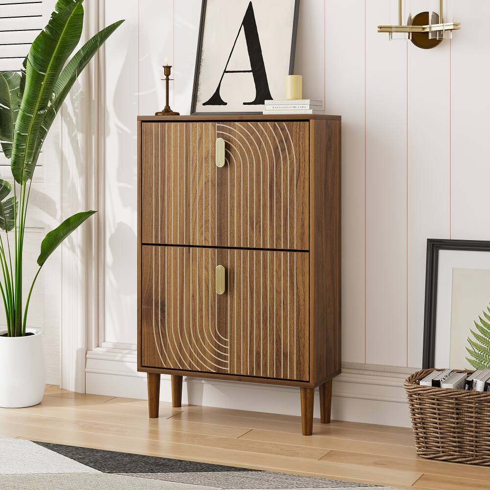 Left. Loheer - Loheer Shoe Storage Cabinet with 2 Flip Drawers, Freestanding Shoe Cabinet for Entryway, 23.6"W, Brown - Brown.