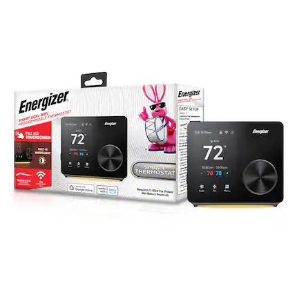 Energizer Smart SGH+ WiFi Programmable Thermostat
- Full LCD Touchscreen
- Built-in Nightlight
- Works with Google Home and Alexa
- Requires C-Wire for Power (Not Battery Powered)
Easy Setup:
1. Download the Energizer Smart Thermostat App
2. Connect to Wi-Fi
3. Install and Configure
Temperature Settings:
- 70°F
- 72°F
- 78°F
Time Settings:
- 08:00am - 05:00pm
- 10:29am - 05:00pm