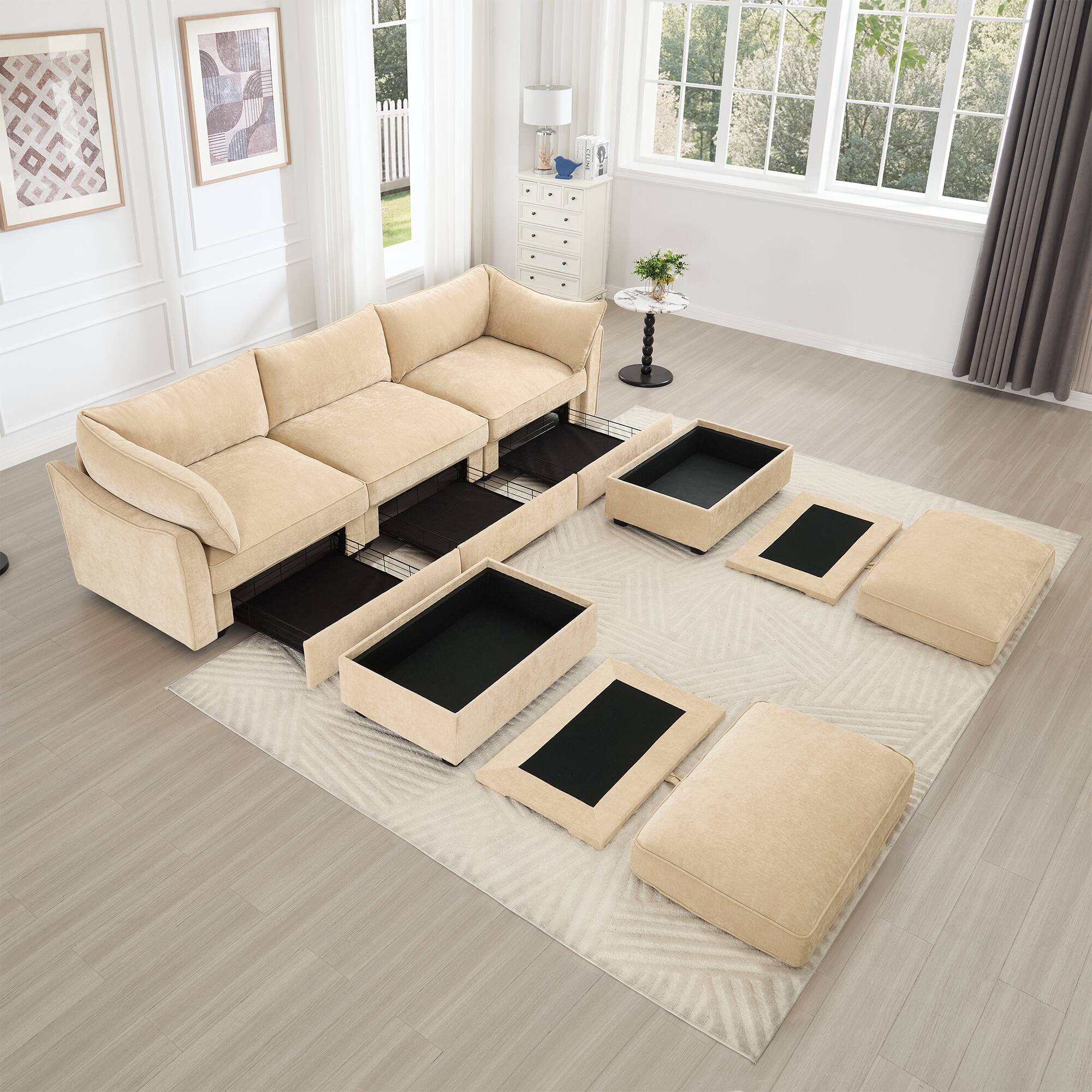 Left. Aukfa - U-Shaped 3-Seater Deep-Seat Sofa with 2 Footstools - Pull-Out Storage Drawers, Crescent Armrests, Chenille - Hazelwood.