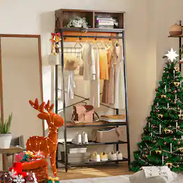 Bestier - 5-in-1 Hall Tree Entryway Coat Rack with LED Lights Bench and Shoe Storage with Sturdy Metal Frame - Pinewood
