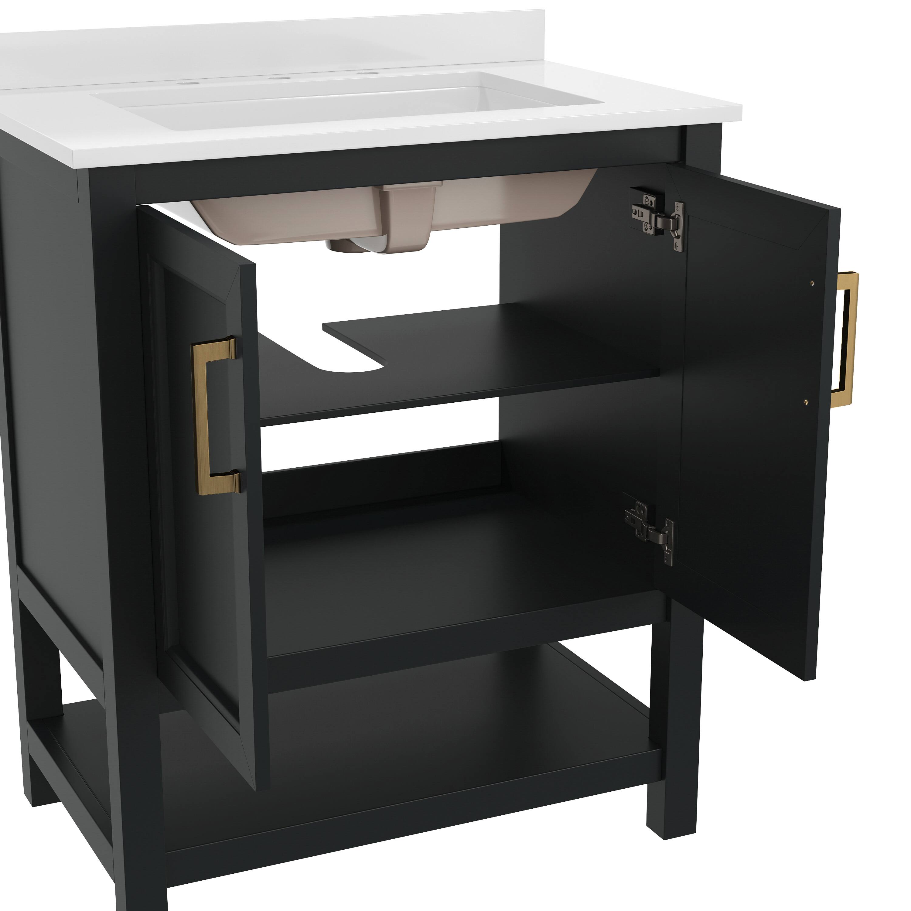 Alt View 7. Emma + Oliver - Vesta Bathroom Vanity, Single Sink Cabinet with 2 Soft Close Doors and Open Shelf, Carrara Marble Finish Countertop - Black Frame/Gold Hardware.