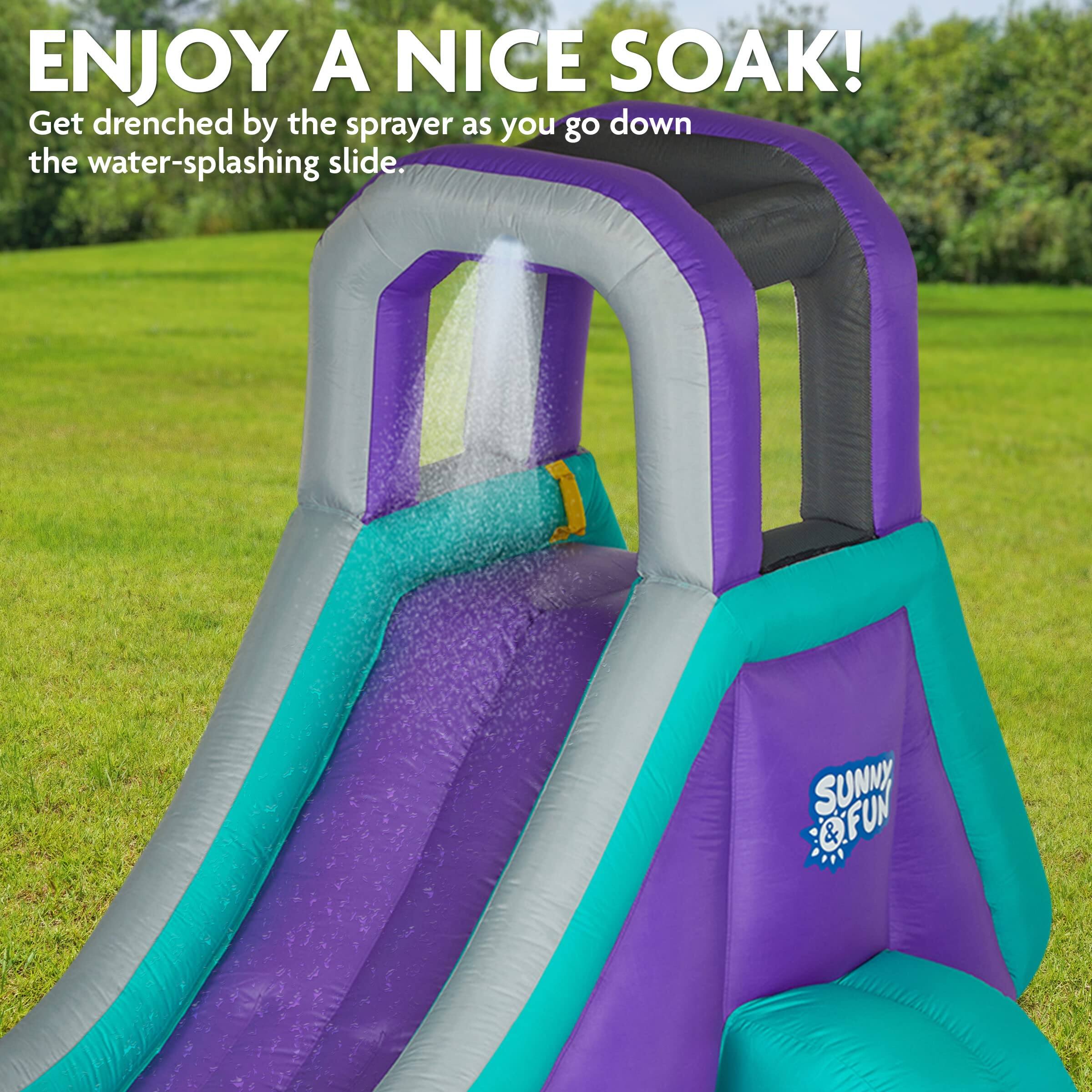ENJOY A NICE SOAK! Get drenched by the sprayer as you go down the water-splashing slide. SUNNY FUN &