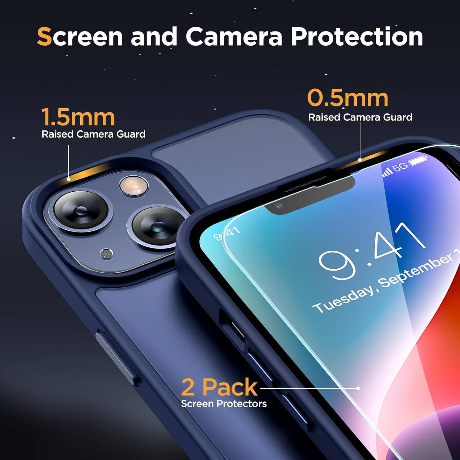 Screen and Camera Protection
1.5mm Raised Camera Guard
0.5mm Raised Camera Guard
2 Pack Screen Protectors
9:41
Tuesday, September 1
5G