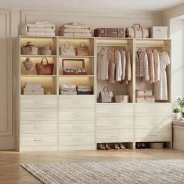 Aheaplus - 90'' Walk-in Closet Organizer System with 14 Drawers, 2 Hanging Rods and Adjustable Shelves - Beige Oak
