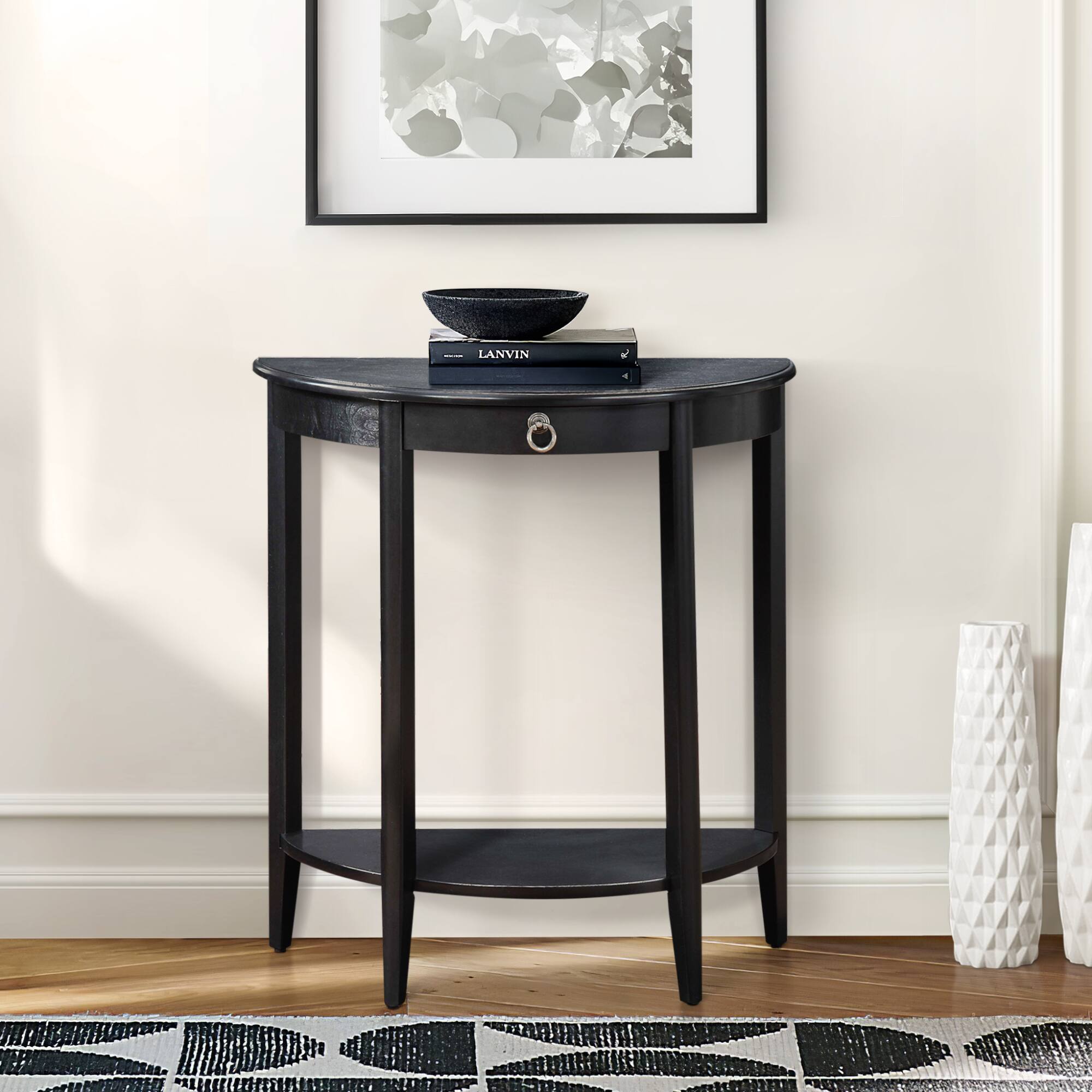 Alt View 3. GOODSILO - Modern Half-Moon Console Table with Drawer and Open Shelf, Black Finish Entryway Furniture for Hallway Decor - Black.