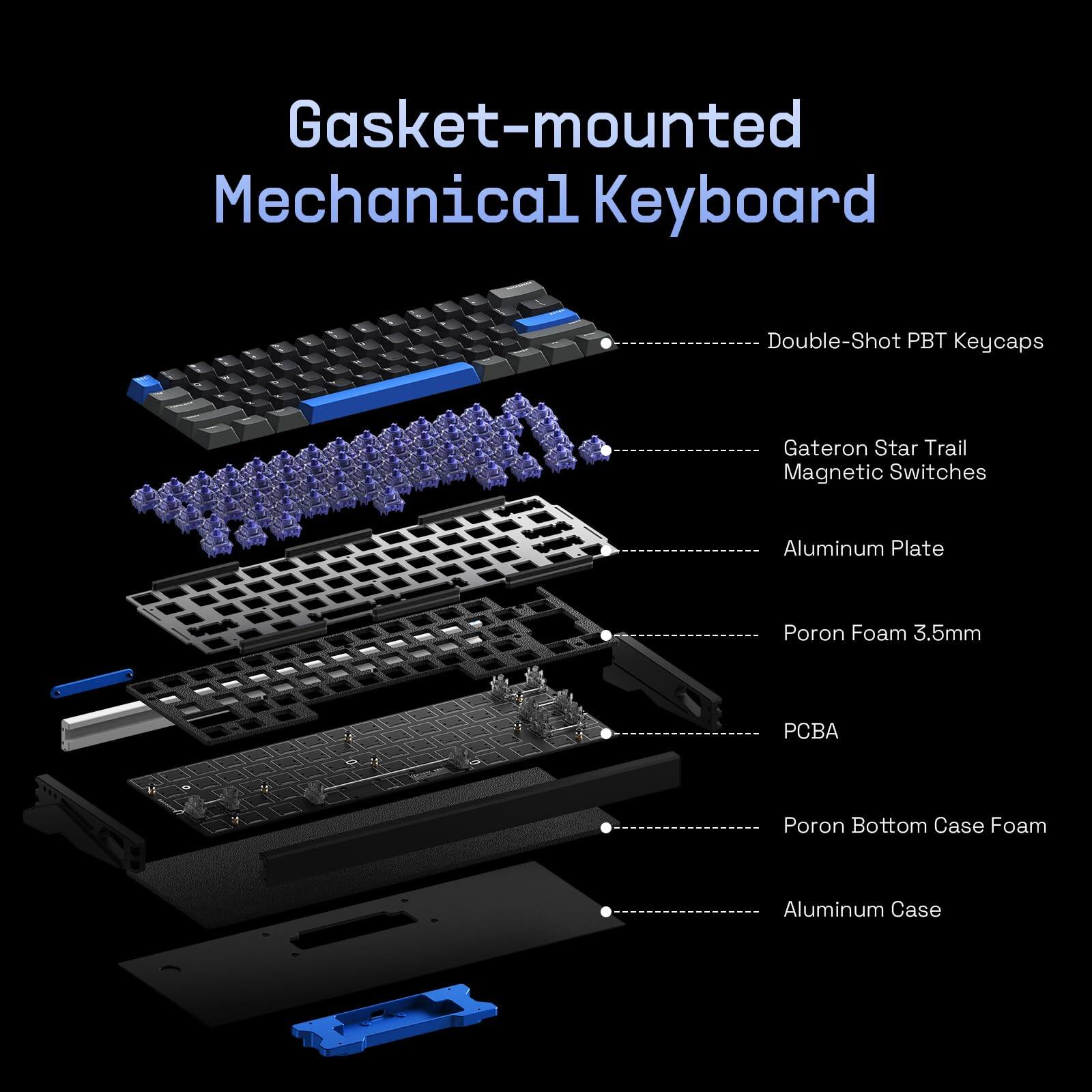 Gasket-mounted Mechanical Keyboard

- Double-Shot PBT Keycaps
- Gateron Star Trail Magnetic Switches
- Aluminum Plate
- Poron Foam 3.5mm
- PCBA
- Poron Bottom Case Foam
- Aluminum Case