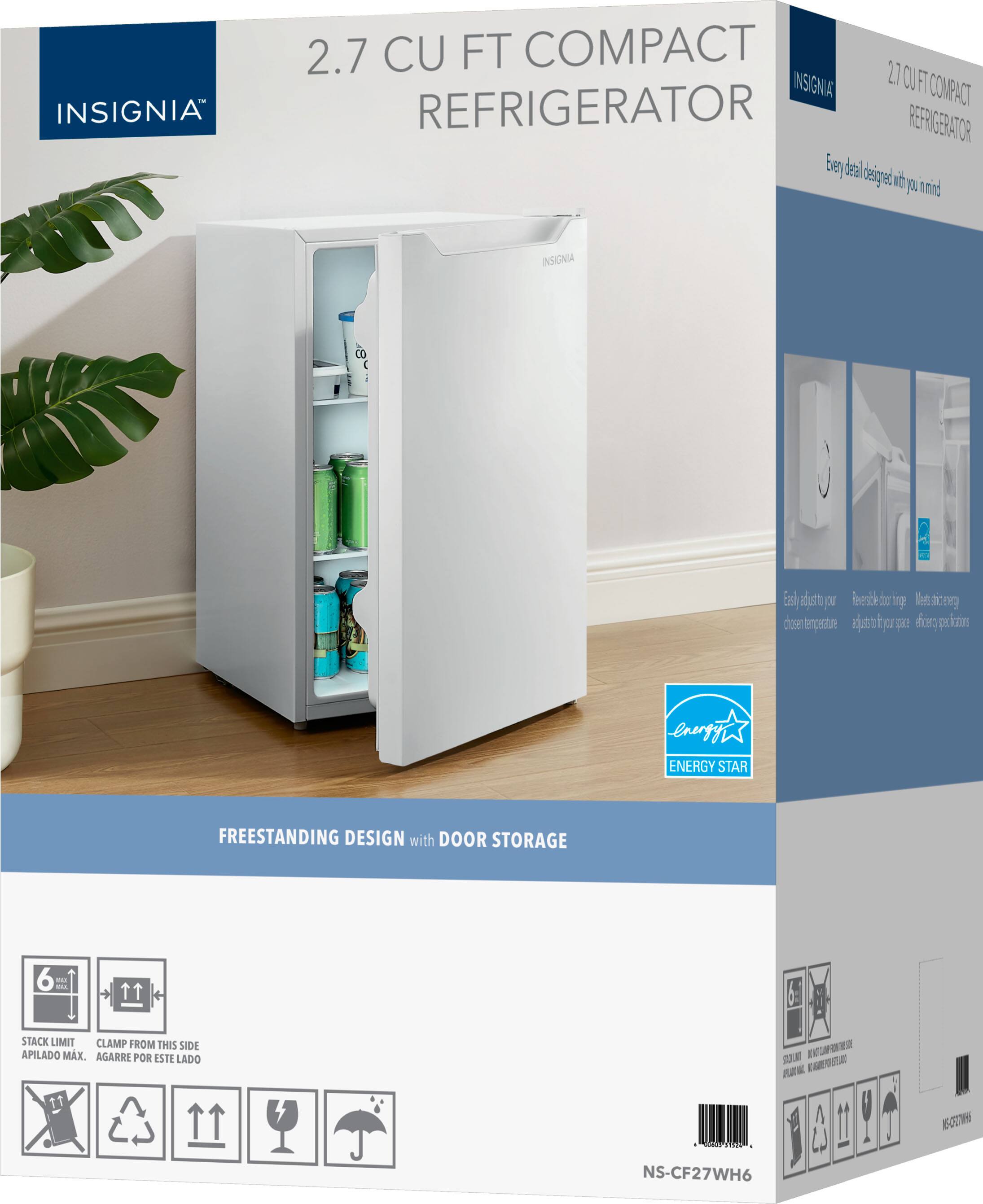 INSIGNIA 2.7 CU FT COMPACT REFRIGERATOR

Every detail designed with you in mind

FREESTANDING DESIGN with DOOR STORAGE

- Easy to adjust to your chosen temperature
- Reversible door hinge
- Most due energy adjust to your space (energy specifications)

ENERGY STAR

STACK LIMIT: 6
CLAMP FROM THIS SIDE
AGARRE POR ESTE LADO

NS-CF27WH6