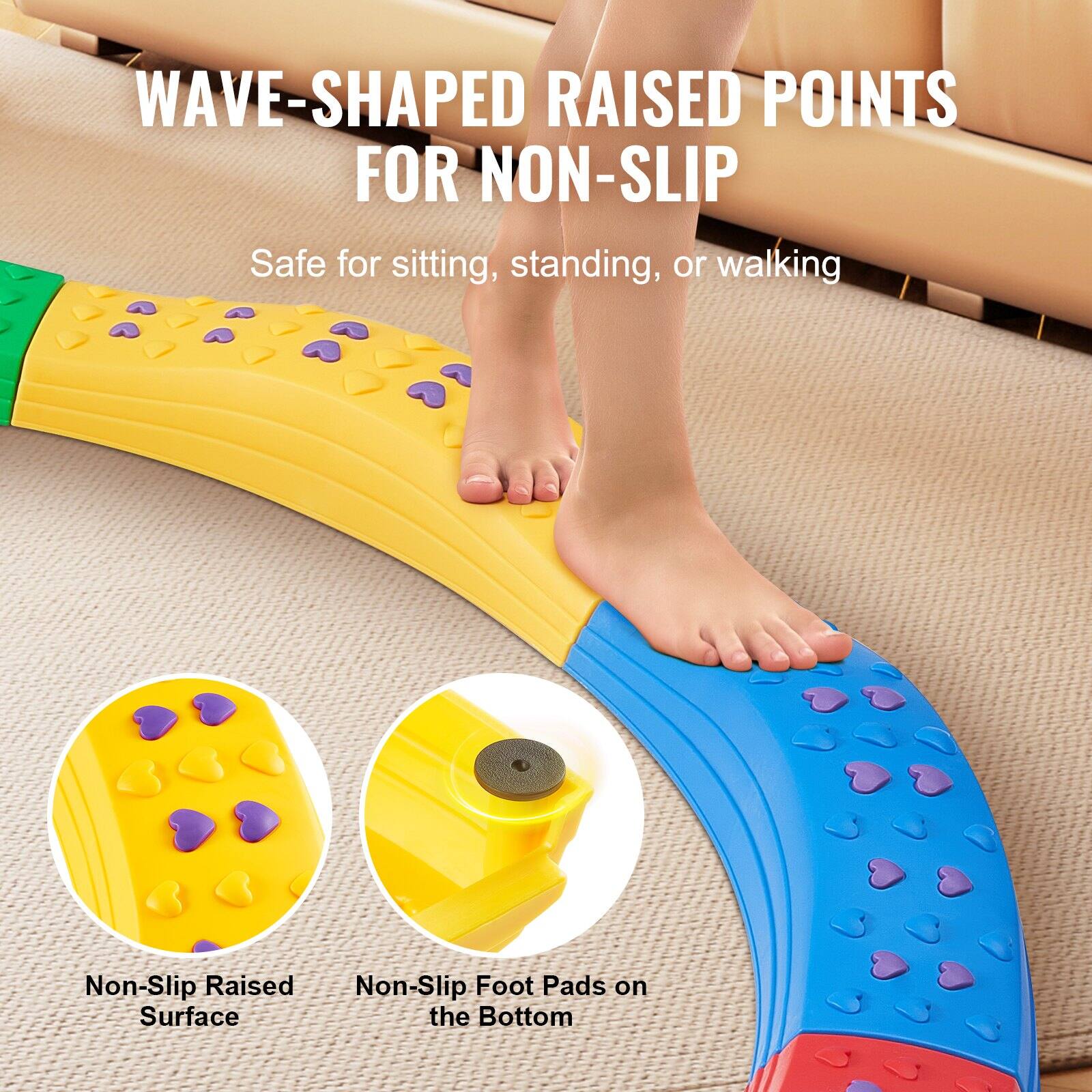 WAVE-SHAPED RAISED POINTS FOR NON-SLIP  
Safe for sitting, standing, or walking  

Non-Slip Raised Surface  
Non-Slip Foot Pads on the Bottom