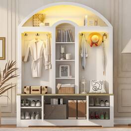 Loheer - Curved Entrance Wardrobe Hall Tree With Shoe Bench Two-Tone 59-Inch - White and Walnut