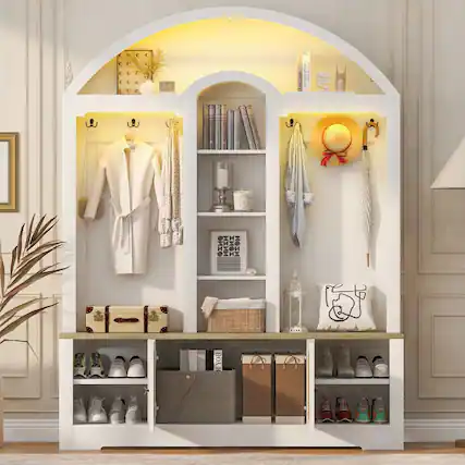 Front. Loheer - Loheer Curved Entrance Wardrobe Hall Tree With Shoe Bench Two-Tone 59-Inch - White and Walnut.