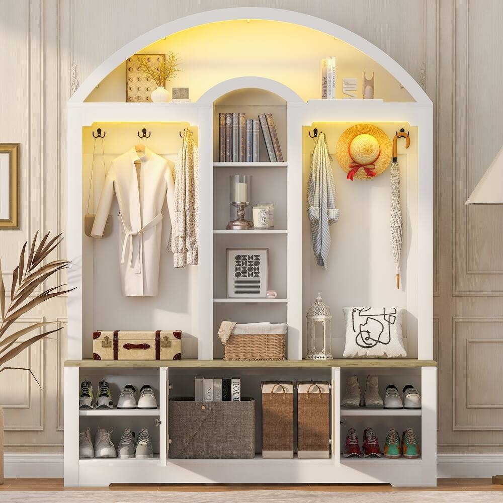 Front. Loheer - Loheer Curved Entrance Wardrobe Hall Tree With Shoe Bench Two-Tone 59-Inch - White and Walnut.