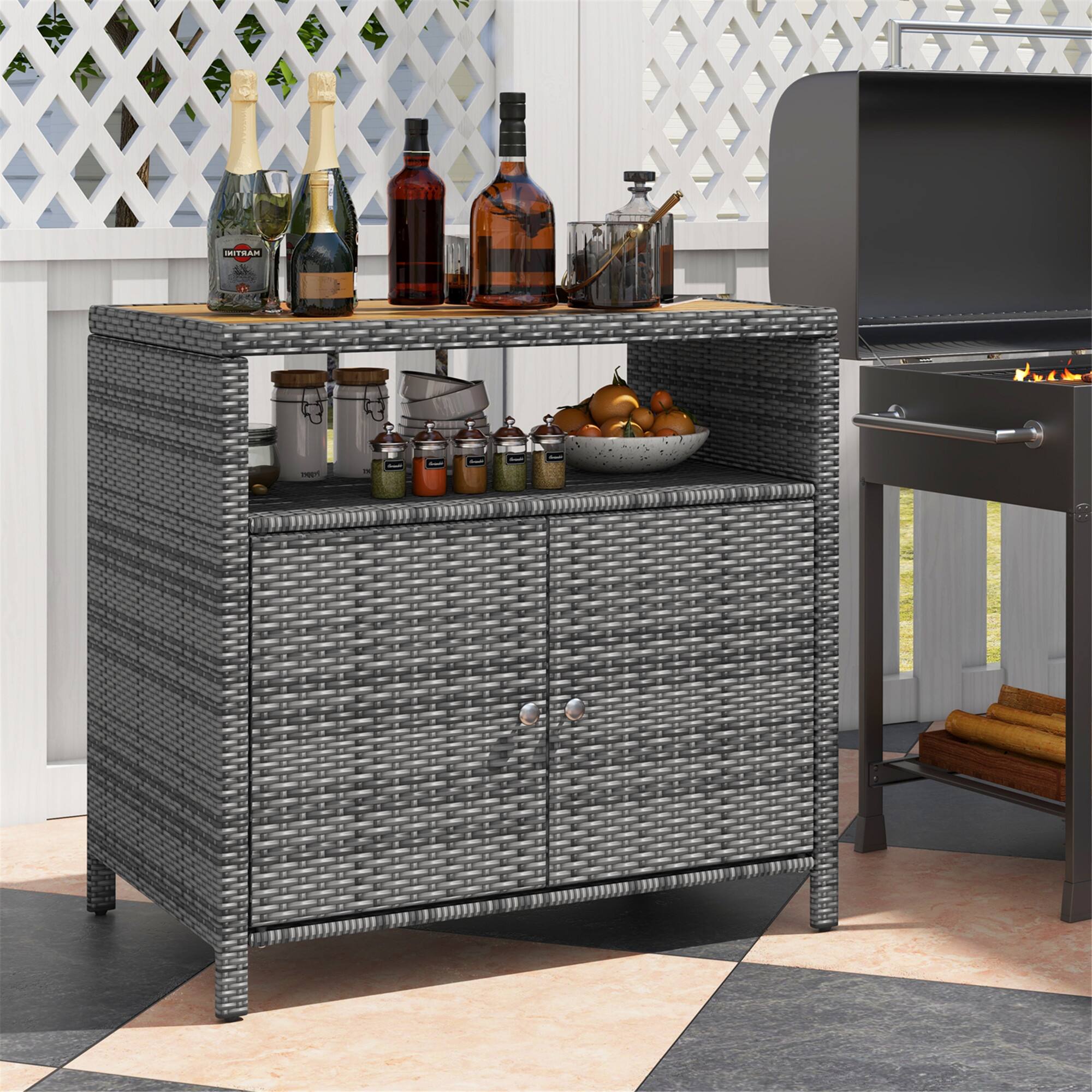Alt View 3. Gymax - Gymax Patio Rattan Storage Cabinet w/ Acacia Wood Countertop Open Shelf 2 Door Cabinet - Mixed Grey, Natural.