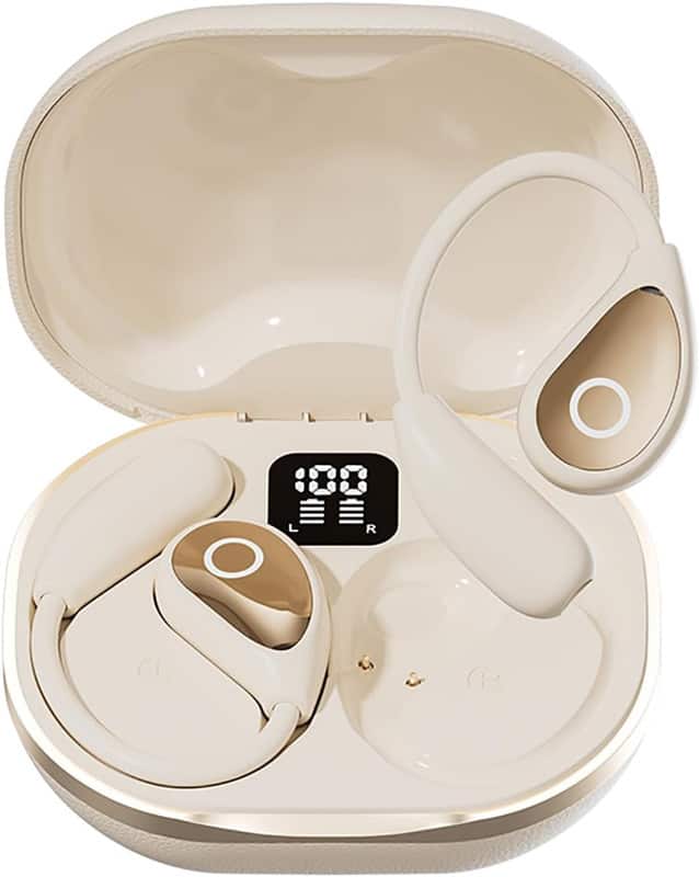 SKRAN - Bluetooth Earbuds Wireless Headphones with LED Display, 36H Playtime, Fast Charging for Running, Gym - Off-white