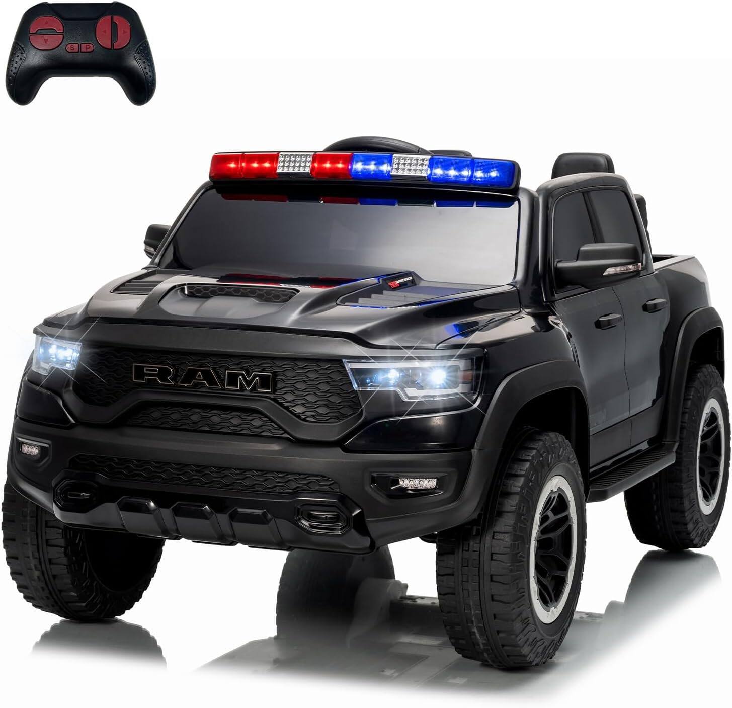 Acekool - Electric Car for Kids, Licensed RAM 12V Kids Ride On Police Car with Remote Control, Electric Pickup Truck for Toddlers
