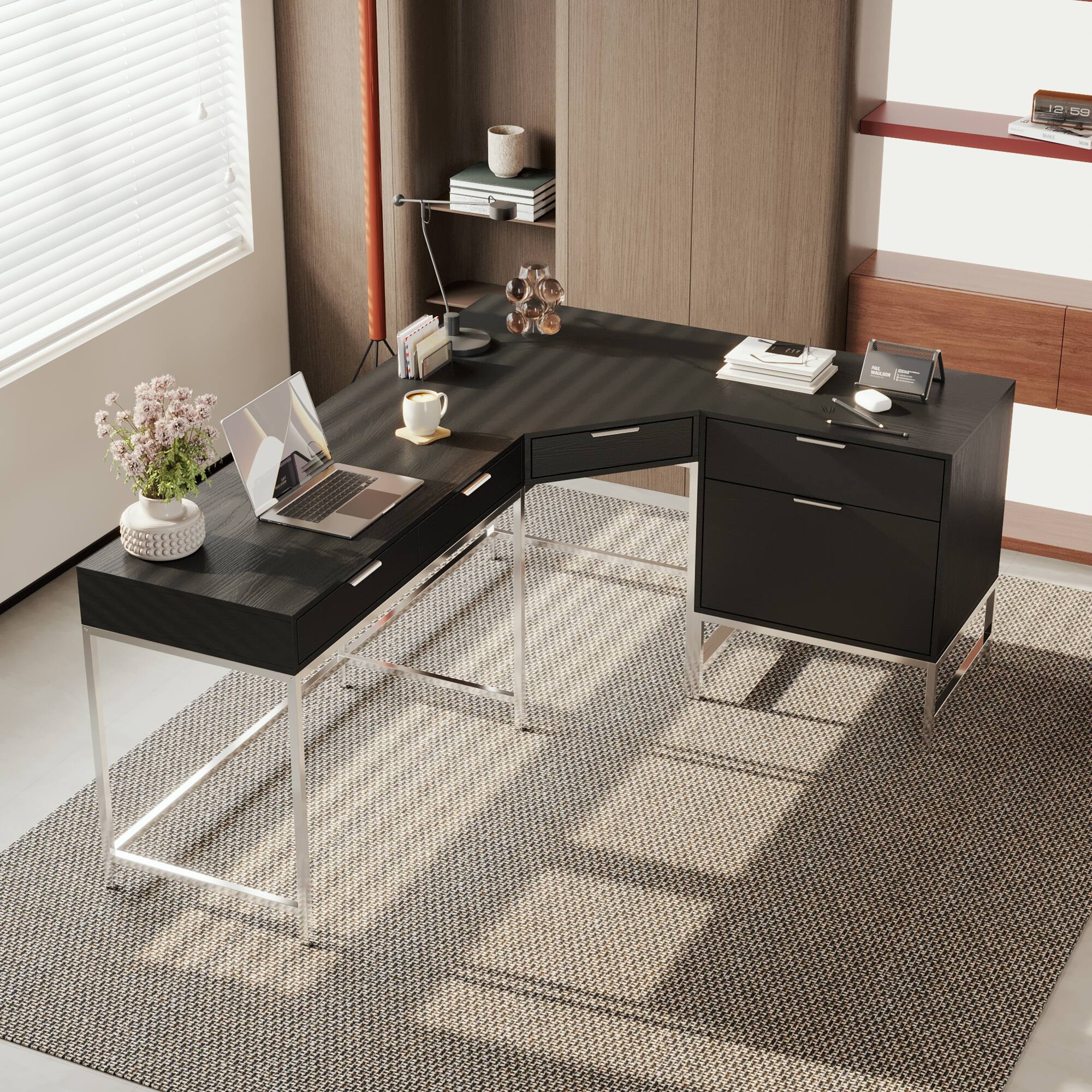 Angle. Famapy - Famapy Modern L - Shaped Office Desk: Spacious, Stylish & Organized Workstation - Black.