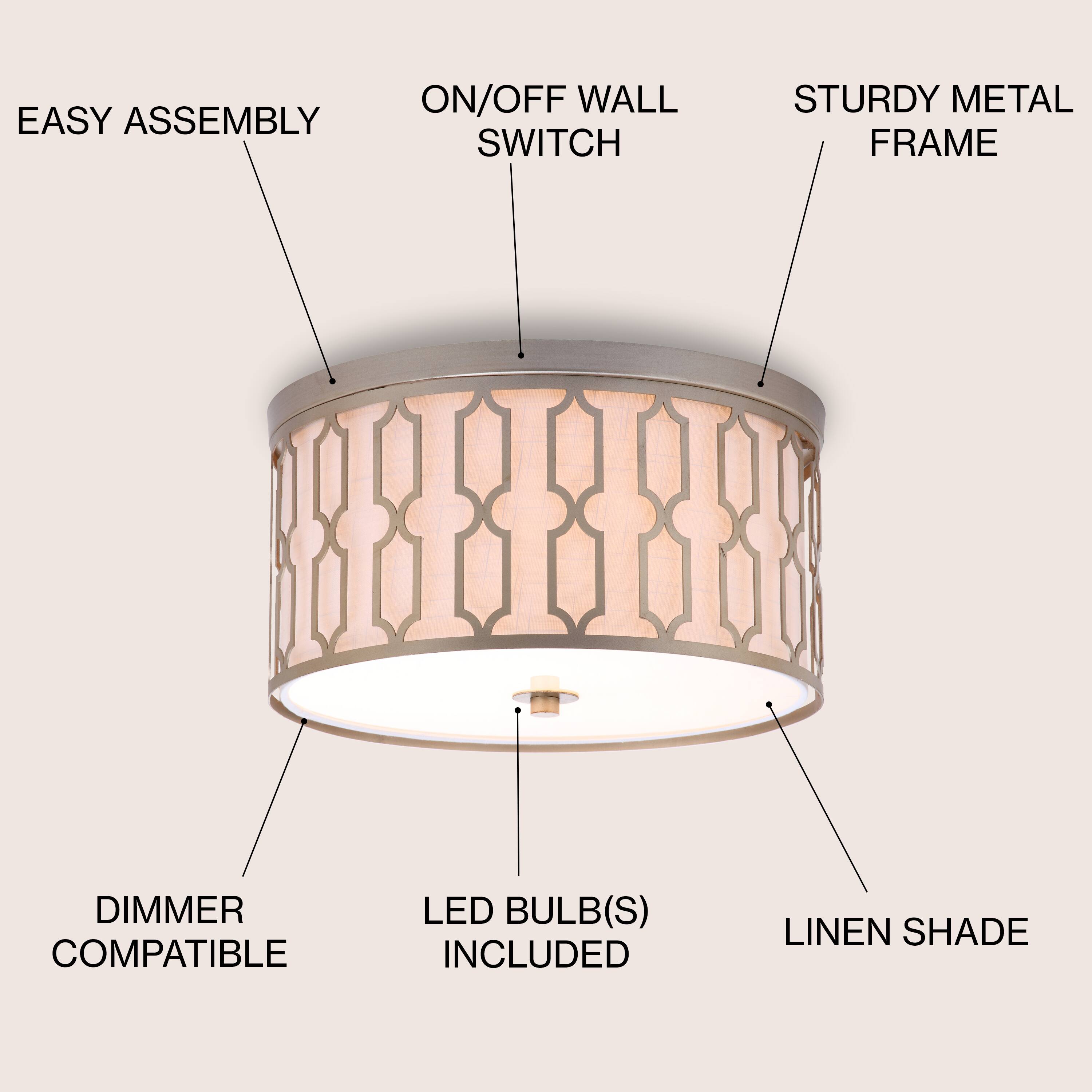 - Easy Assembly
- On/Off Wall Switch
- Sturdy Metal Frame
- Dimmer Compatible
- LED Bulb(s) Included
- Linen Shade