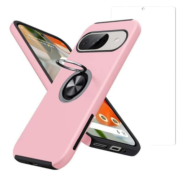 Entronix - Pixel 9 Bundle: 360° Circular Ring Gripstand Case & Clear Screen Protector - Pink