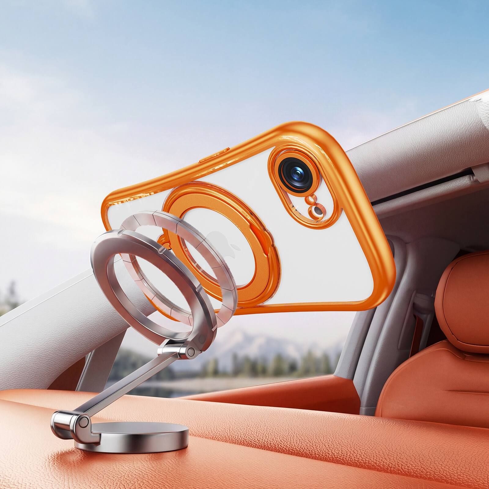Alt View 3. Dteck - Magnetic Case for Apple iPhone 17e with 360 Ring Stand and Strap, Shockproof TPU Phone Cover Built-in Lens Protector - Orange.