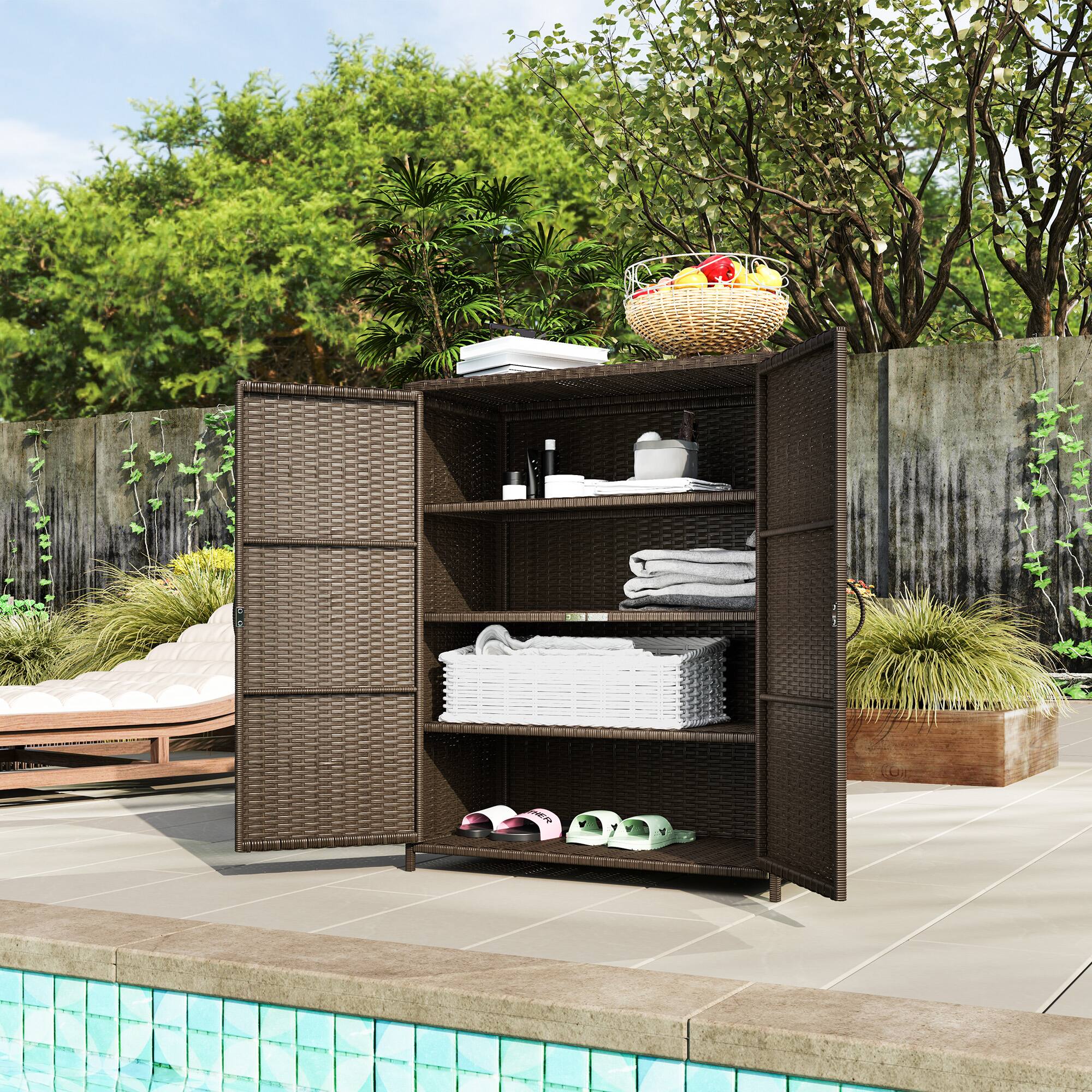 Alt View 8. Outsunny - Wicker Outdoor Storage Cabinet with 4 Shelves and 2 Doors for Garden Pool Towel Storage - Dark Coffee.