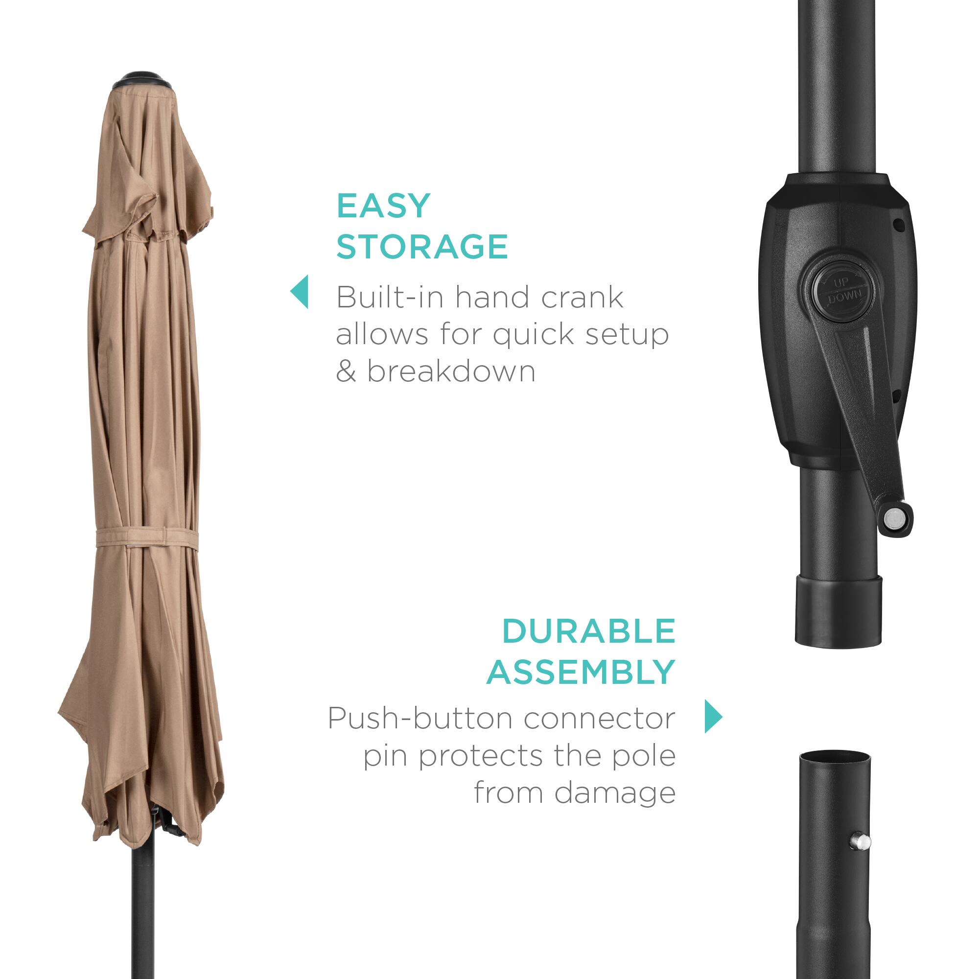 EASY STORAGE  
Built-in hand crank allows for quick setup & breakdown  

DURABLE ASSEMBLY  
Push-button connector pin protects the pole from damage