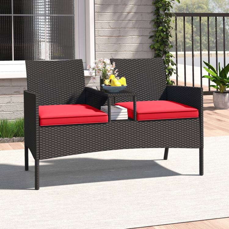 Left. Mondawe - Patio Loveseat with Built-in Table - Black+Red.
