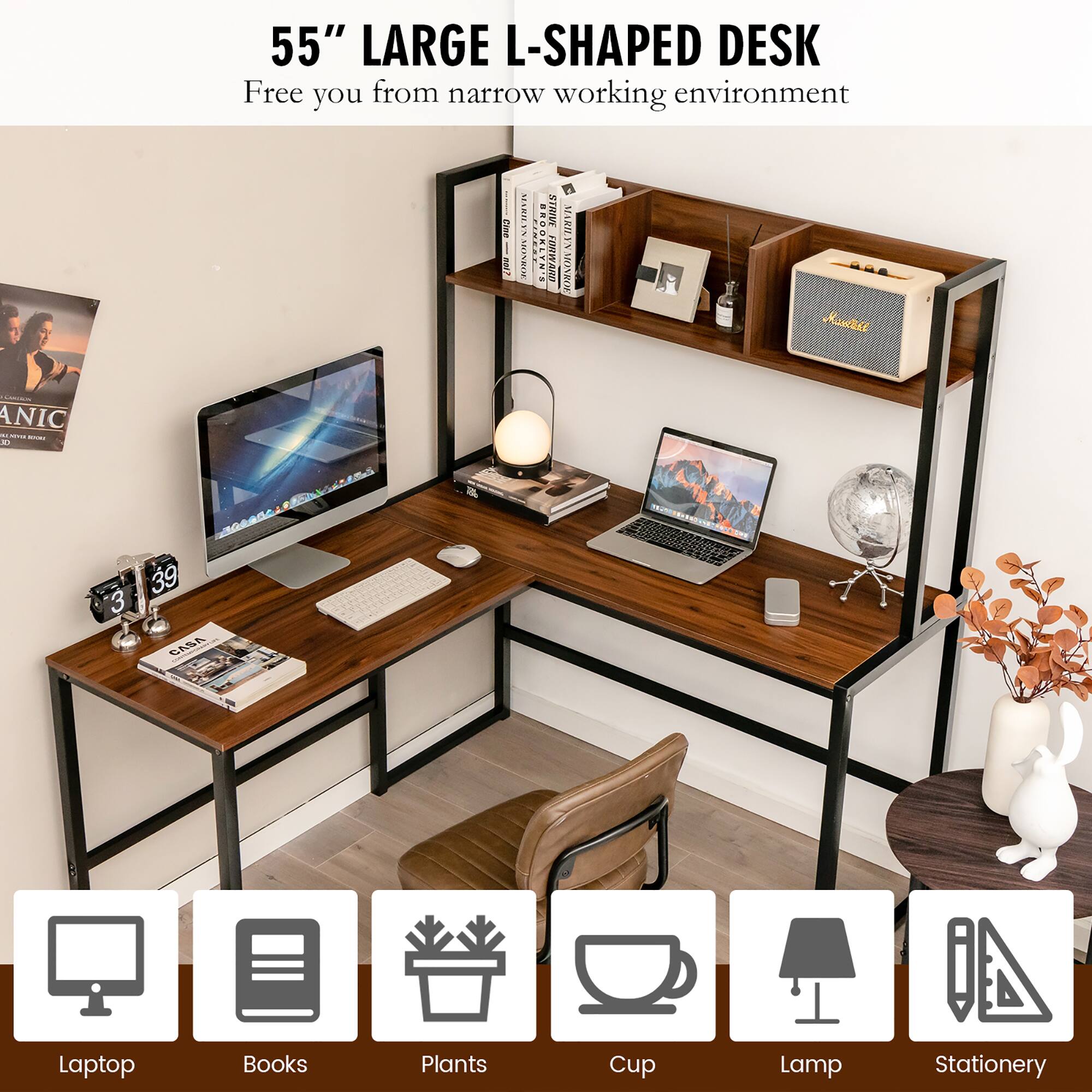 55" LARGE L-SHAPED DESK Free you from narrow working environment

Laptop
Books
Plants
Cup
Lamp
Stationery