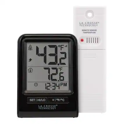 LA CROSSE TECHNOLOGY
REMOTE SENSOR TEMPERATURE
43.2°F
72.6°F
12:34 PM
SET | HI/LO
+ | °F/°C
LA CROSSE TECHNOLOGY