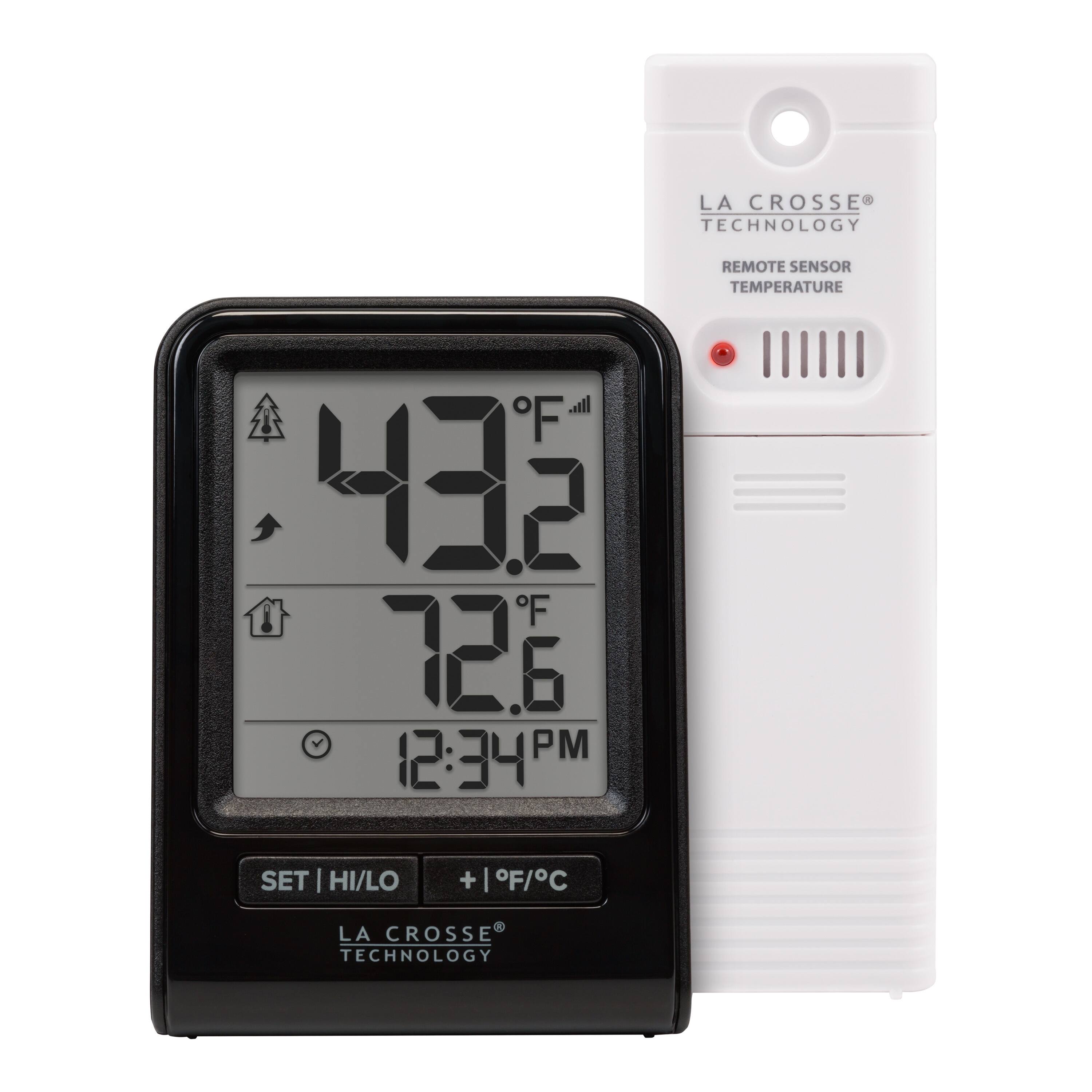 LA CROSSE TECHNOLOGY  
REMOTE SENSOR TEMPERATURE  

43.2°F  
72.6°F  

12:34 PM  

SET | HI/LO  
+ | °F/°C  

LA CROSSE TECHNOLOGY