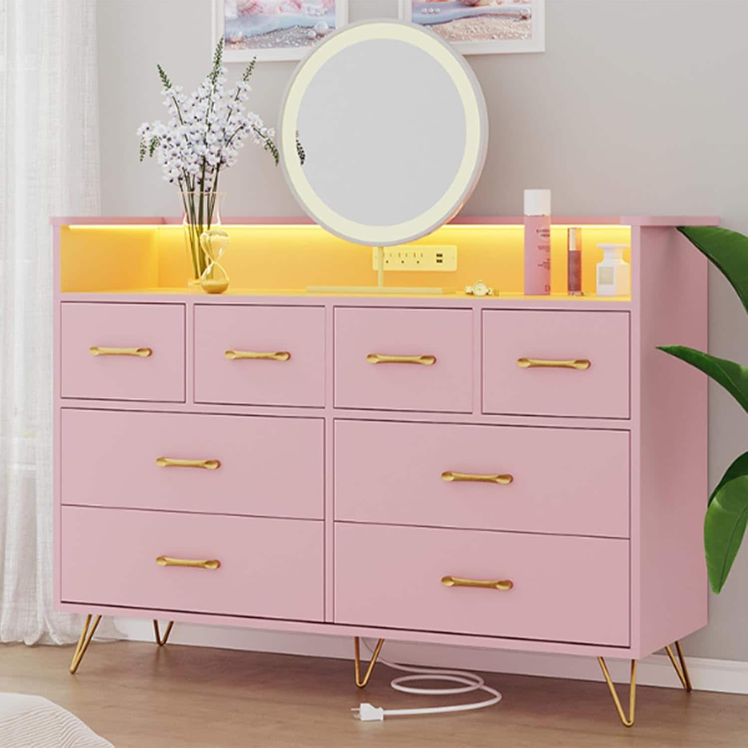 GARVEE - Pink Dresser with 8 Drawers, Wide Storage Chest for Girls' Bedroom, Living Room, Entryway or Hallway - ‎Pink