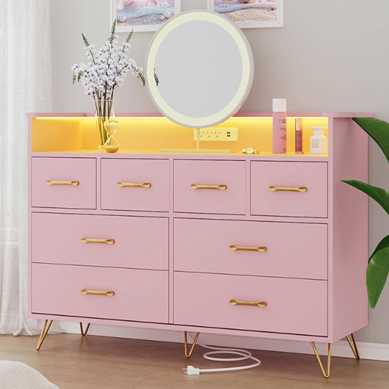 Front. GARVEE - Pink Dresser with 8 Drawers, Wide Storage Chest for Girls' Bedroom, Living Room, Entryway or Hallway - ‎Pink.