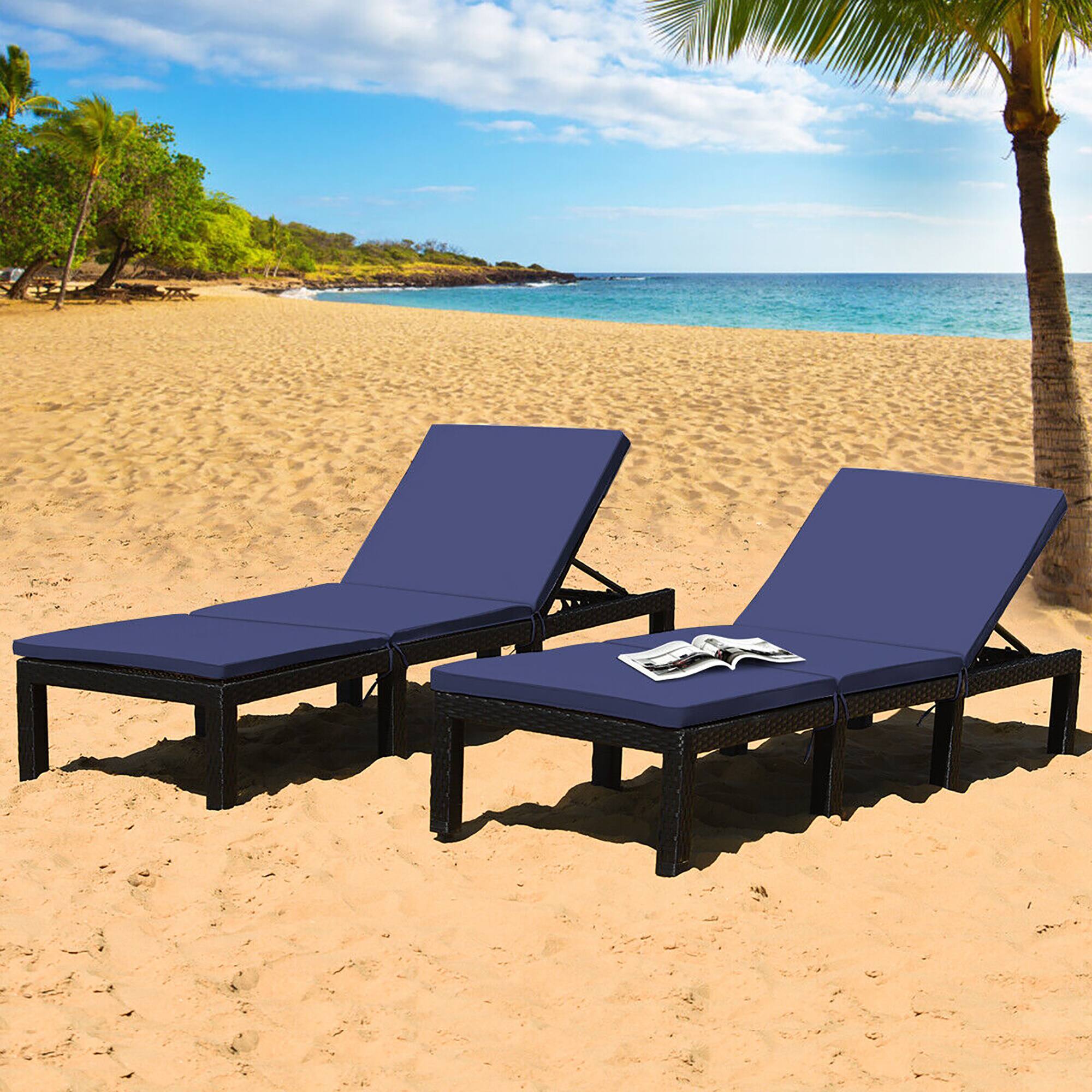 Alt View 2. Gymax - Gymax 2PCS Patio Lounge Chair Rattan Chaise w/ Adjustable Navy & Off White Cushioned - Navy/Off white.