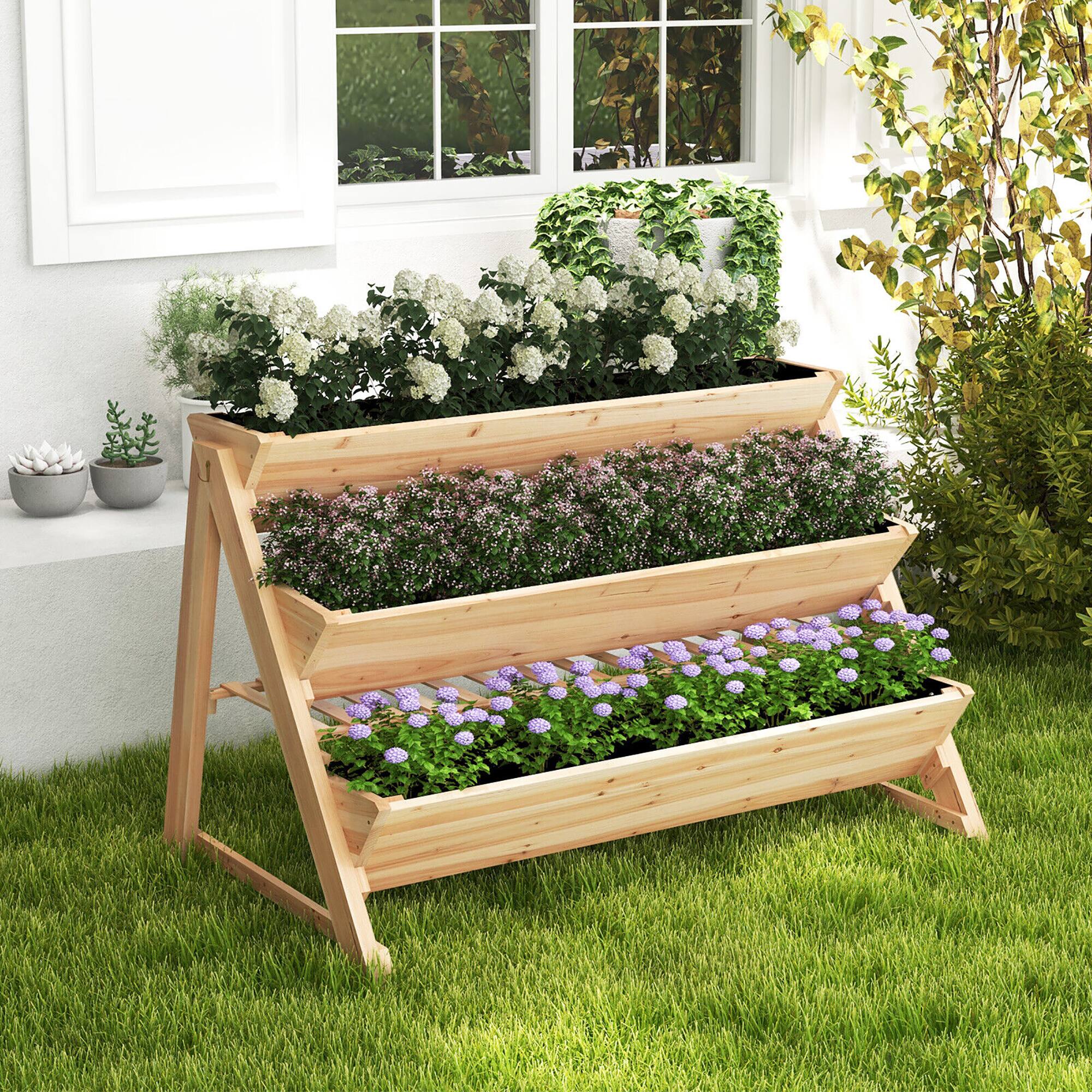 Alt View 4. Gymax - Gymax 3-tier Raised Garden Bed w/2 Side Hooks Storage Shelf Garden Planter for Flowers - Natural.