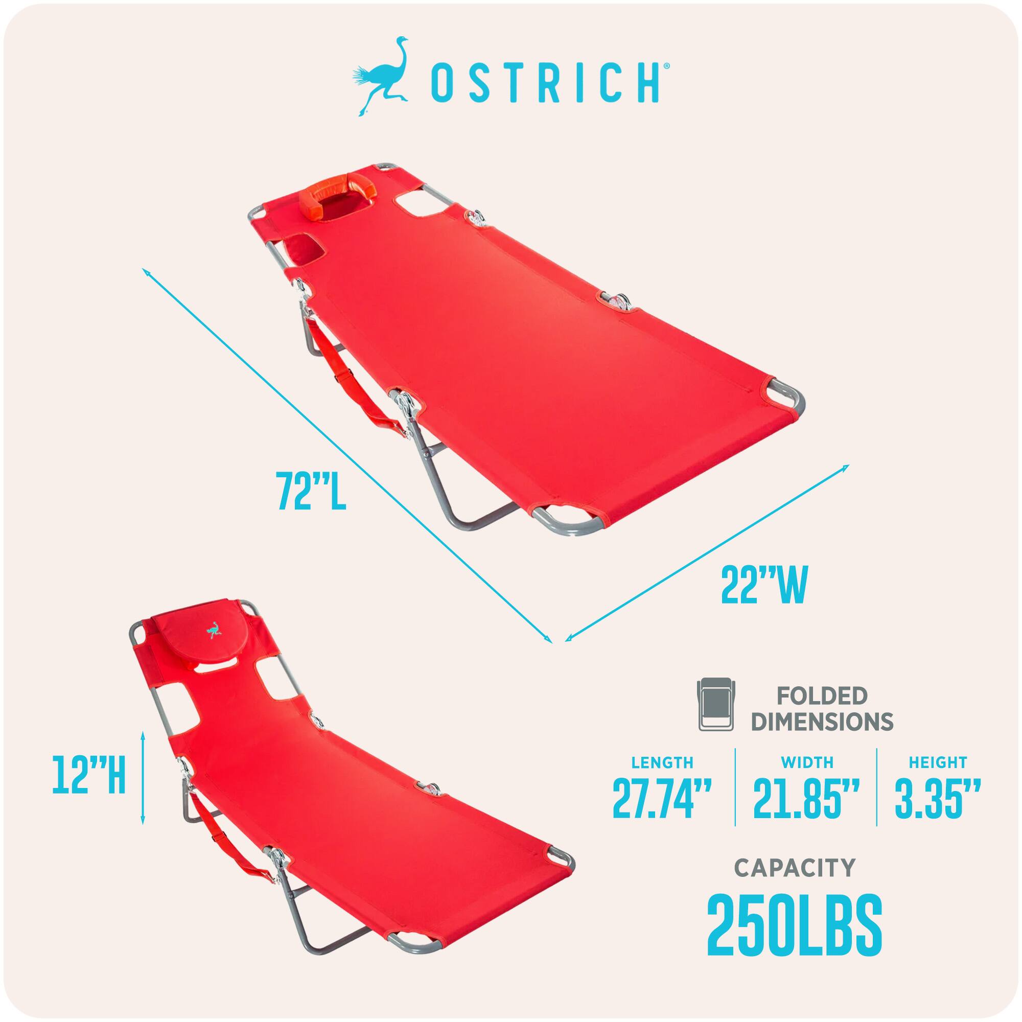 OSTRICH  
72"L x 22"W x 12"H  
FOLDED DIMENSIONS  
LENGTH: 27.74"  
WIDTH: 21.85"  
HEIGHT: 3.35"  
CAPACITY: 250LBS
