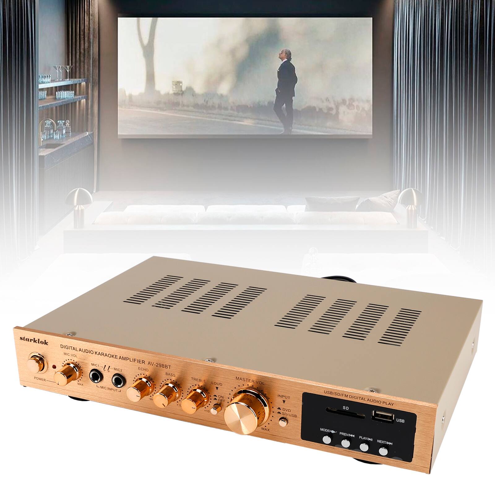 starklok DIGITAL AUDIO KARAOKE AMPLIFIER AV-298BT

- MIC1 / MIC2
- ECHO
- BASS
- TREBLE
- LOUD
- MASTER VOL
- USB / SD / FM DIGITAL AUDIO PLAY
- INPUT: DVD, SD, USB
- MODE: PREVIOUS / PLAY / NEXT
- USB